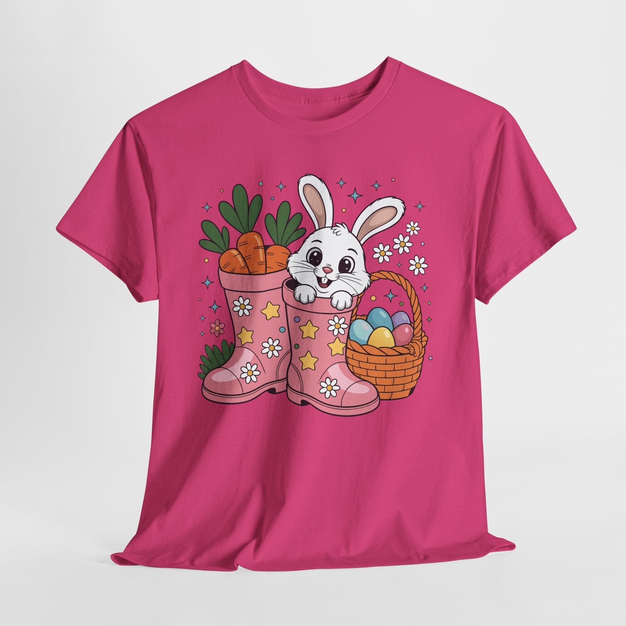 Easter Bunny in Pink Rain Boots T-Shirt — Cartoon Bunny, Carrots & Colorful Eggs Unisex Cotton Tee