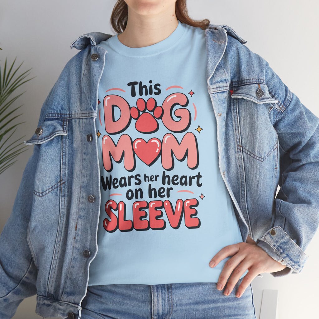 Dog Mom T-Shirt — "This Dog Mom Wears Her Heart on Her Sleeve" Paw & Heart Unisex Cotton Tee