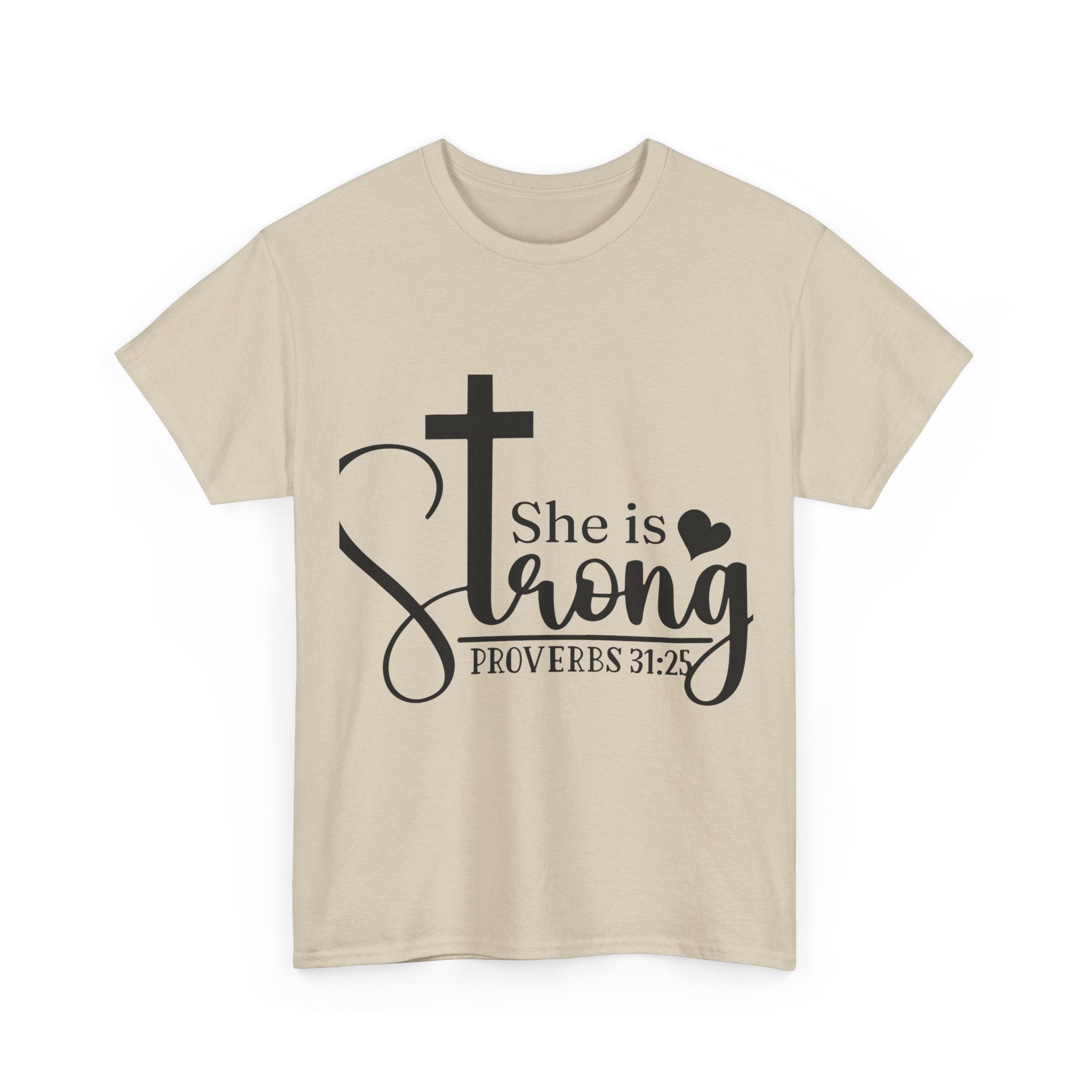 Proverbs 31:25 'She is Strong' T-Shirt – Christian Cross & Heart Unisex Cotton Tee