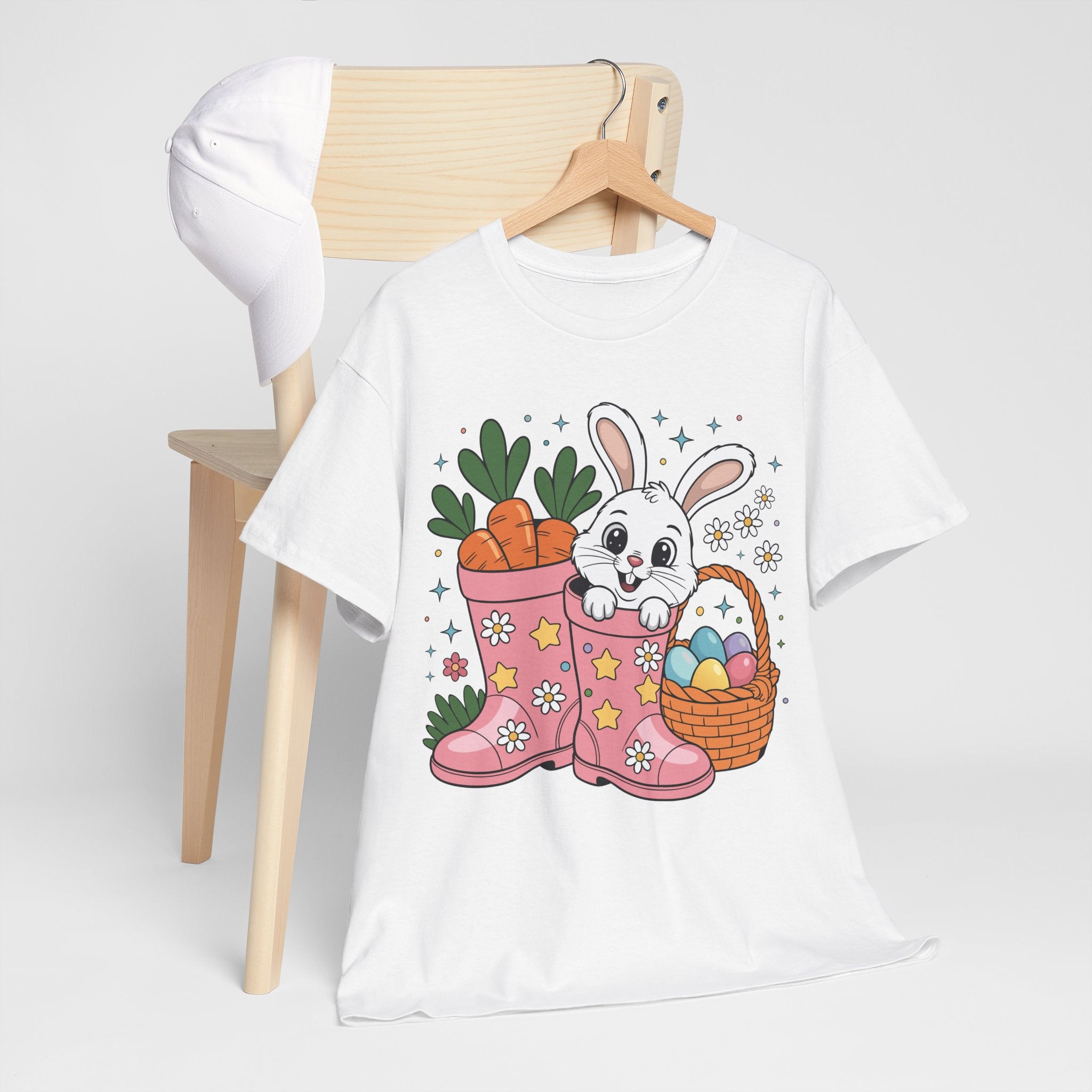 Easter Bunny in Pink Rain Boots T-Shirt — Cartoon Bunny, Carrots & Colorful Eggs Unisex Cotton Tee