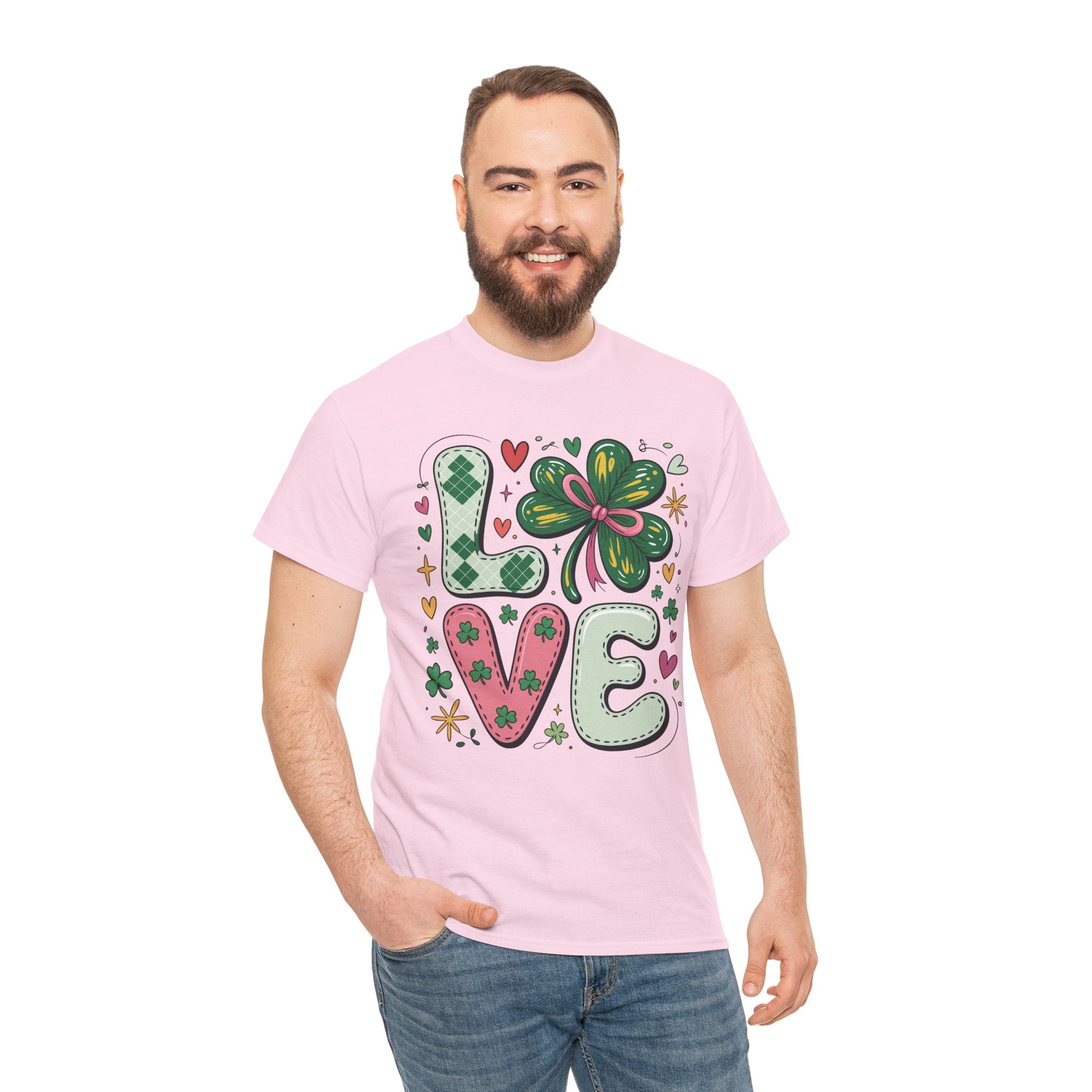 Stitched Clover 'LOVE' Tee — Heart & Patchwork St. Patrick's Unisex Cotton T-Shirt
