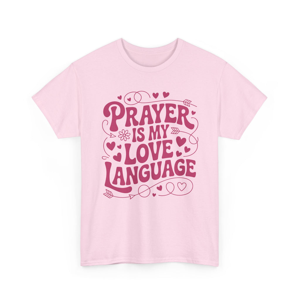 Prayer Is My Love Language Christian Tee — Pastel Pink Hearts Unisex Cotton Tee