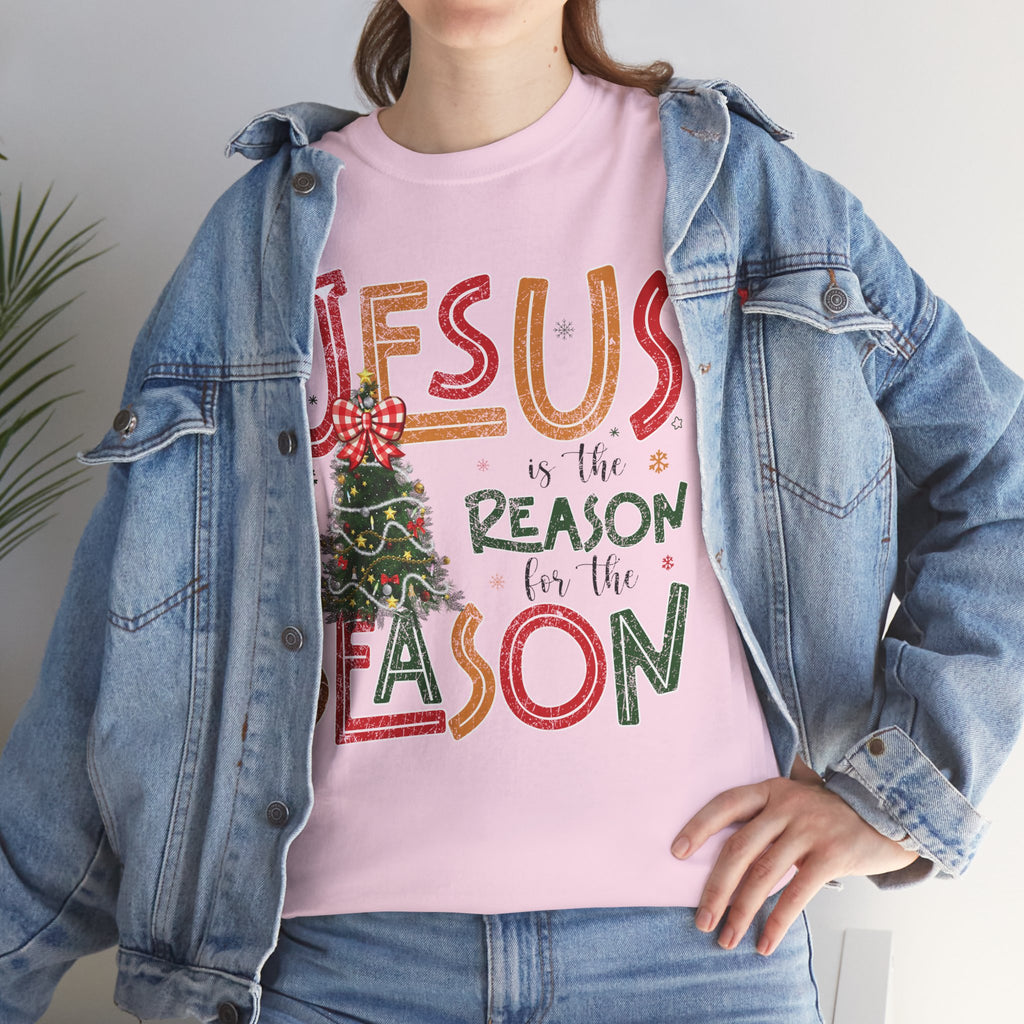 Jesus Is the Reason for the Season Christmas T-Shirt — Plaid Bow Tree..Unisex Cotton Tee