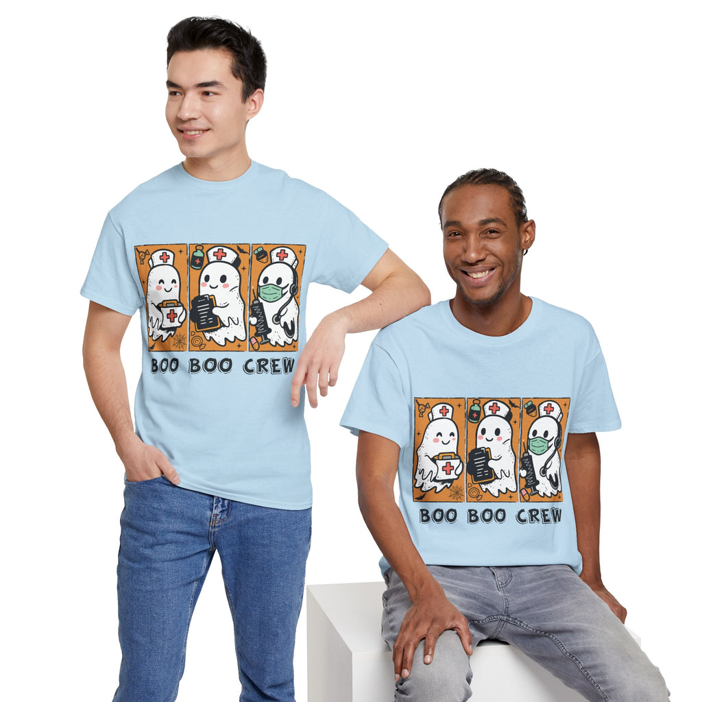 Halloween Nurse T-Shirt — Ghost Nurses Holding Medical Tools on Orange Unisec Cotton Tee