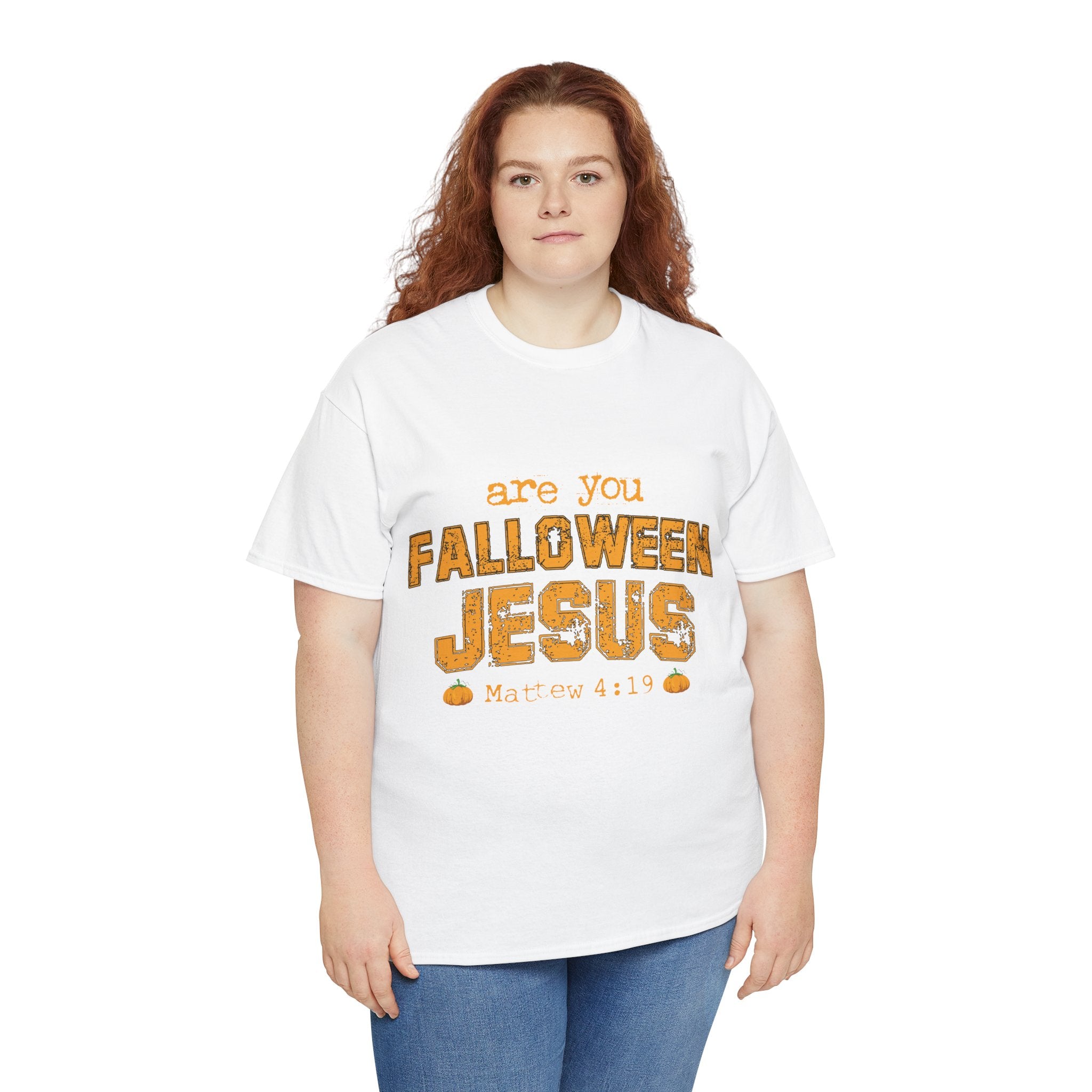 Christian Halloween T-Shirt — “Are You Falloween Jesus? Matthew 4:19” Distressed Pumpkin Design. Unisex Cotton Tee