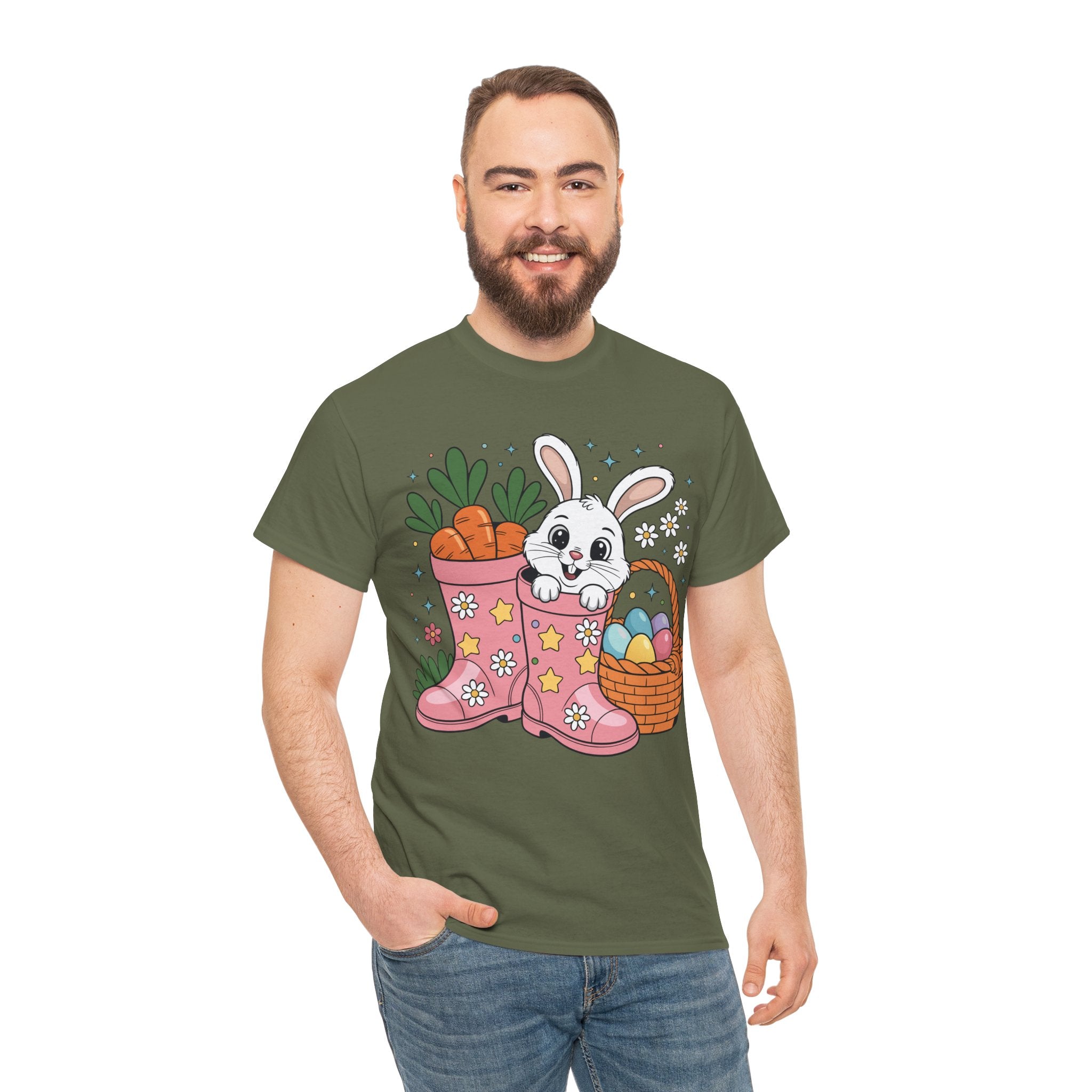 Easter Bunny in Pink Rain Boots T-Shirt — Cartoon Bunny, Carrots & Colorful Eggs Unisex Cotton Tee