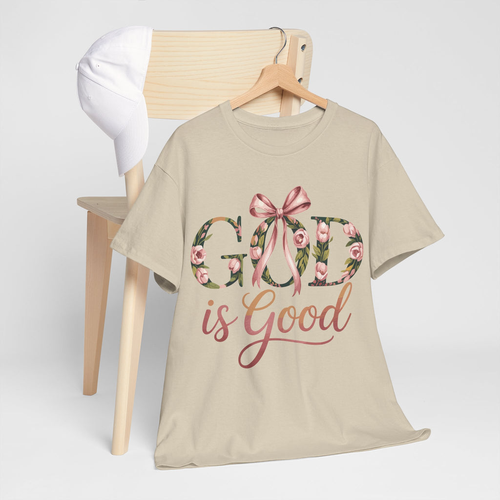 God Is Good Pink Rose Tee — Floral Ribbon Faith Unisex Cotton T-Shirt