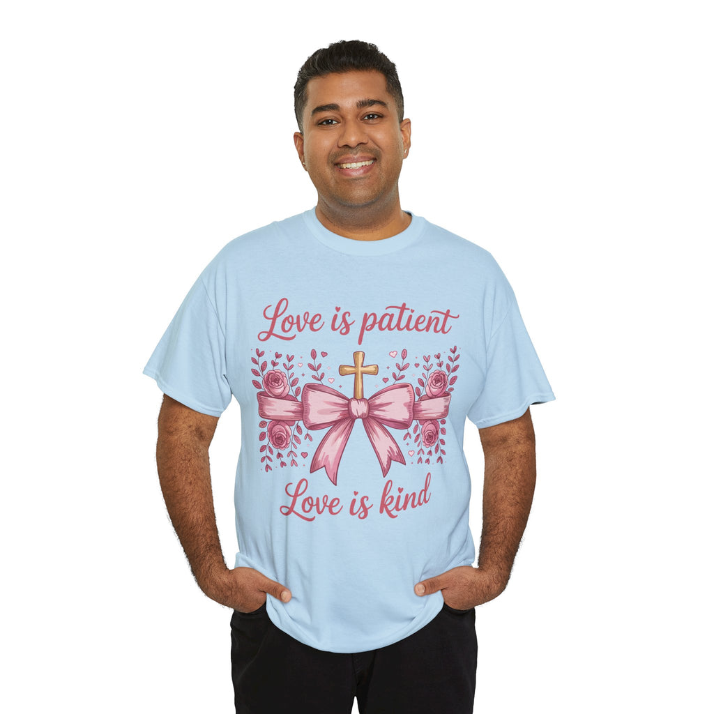 Christian Floral Tee — "Love is Patient, Love is Kind" Pink Rose Cross. Unisex Cotton Tee
