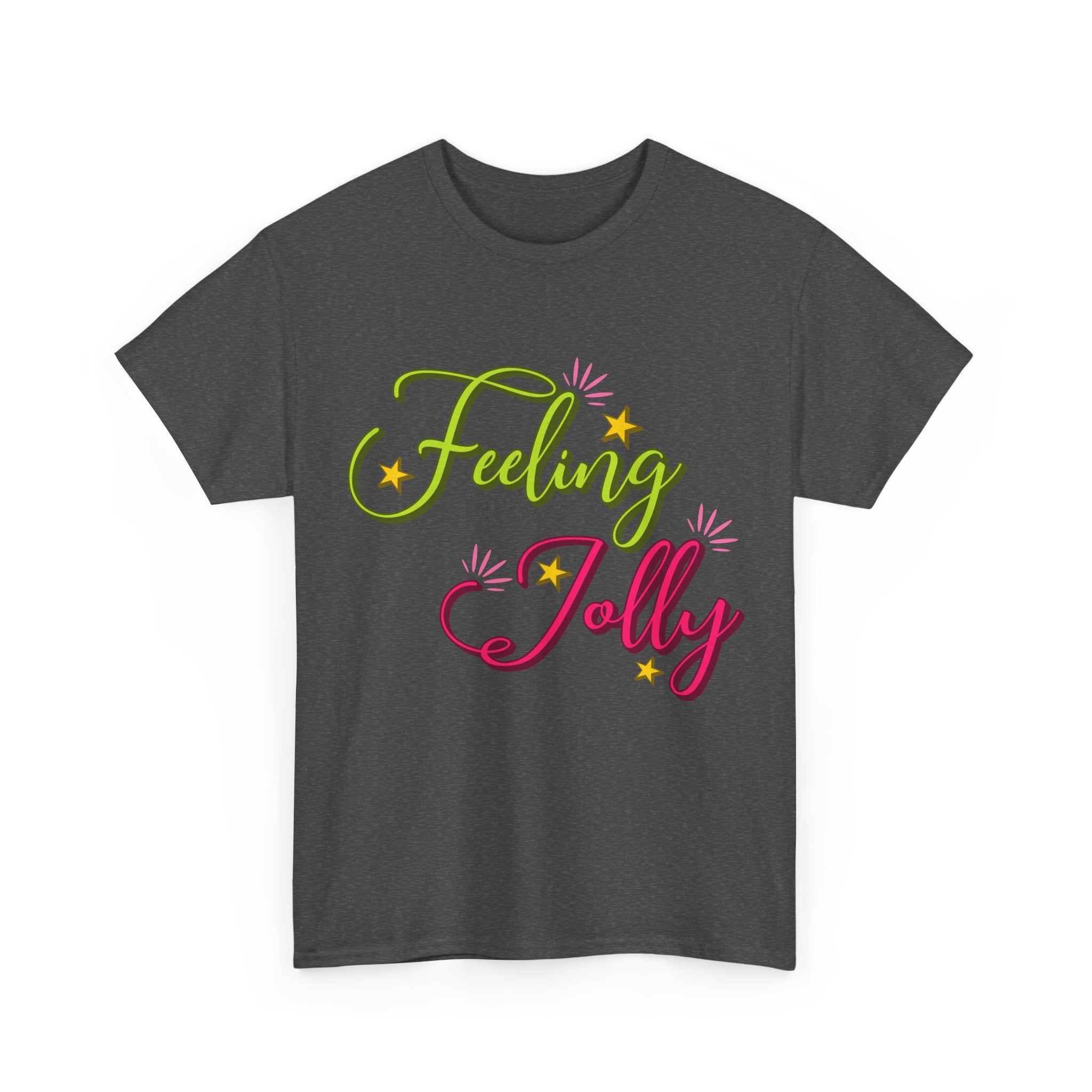 Feeling Jolly Tee — Festive Green & Pink Script with Yellow Stars Unisex Cotton Tee