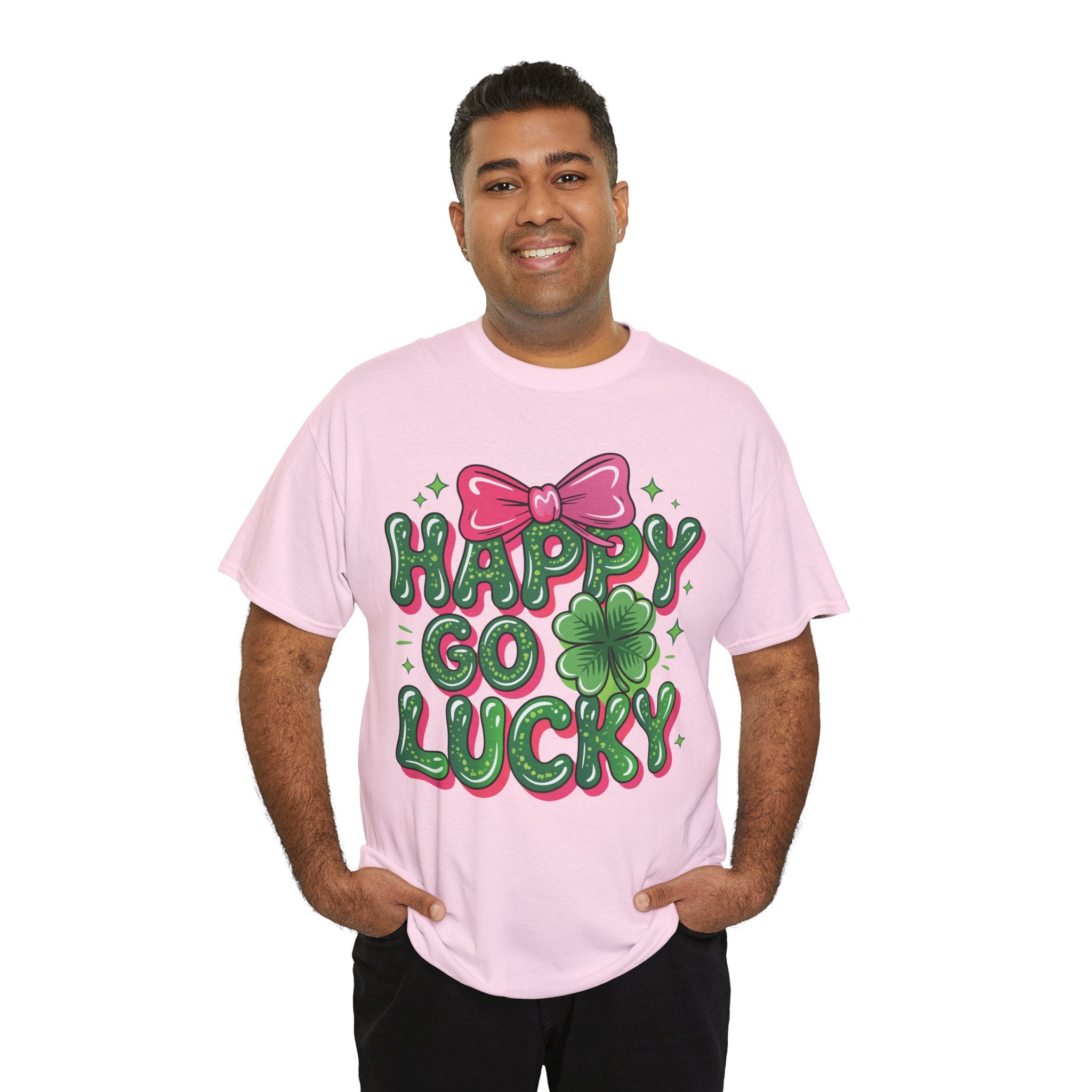 Happy Go Lucky Four-Leaf Clover Tee — Glossy Green Letters & Pink Bow Unisex Cotton Tee