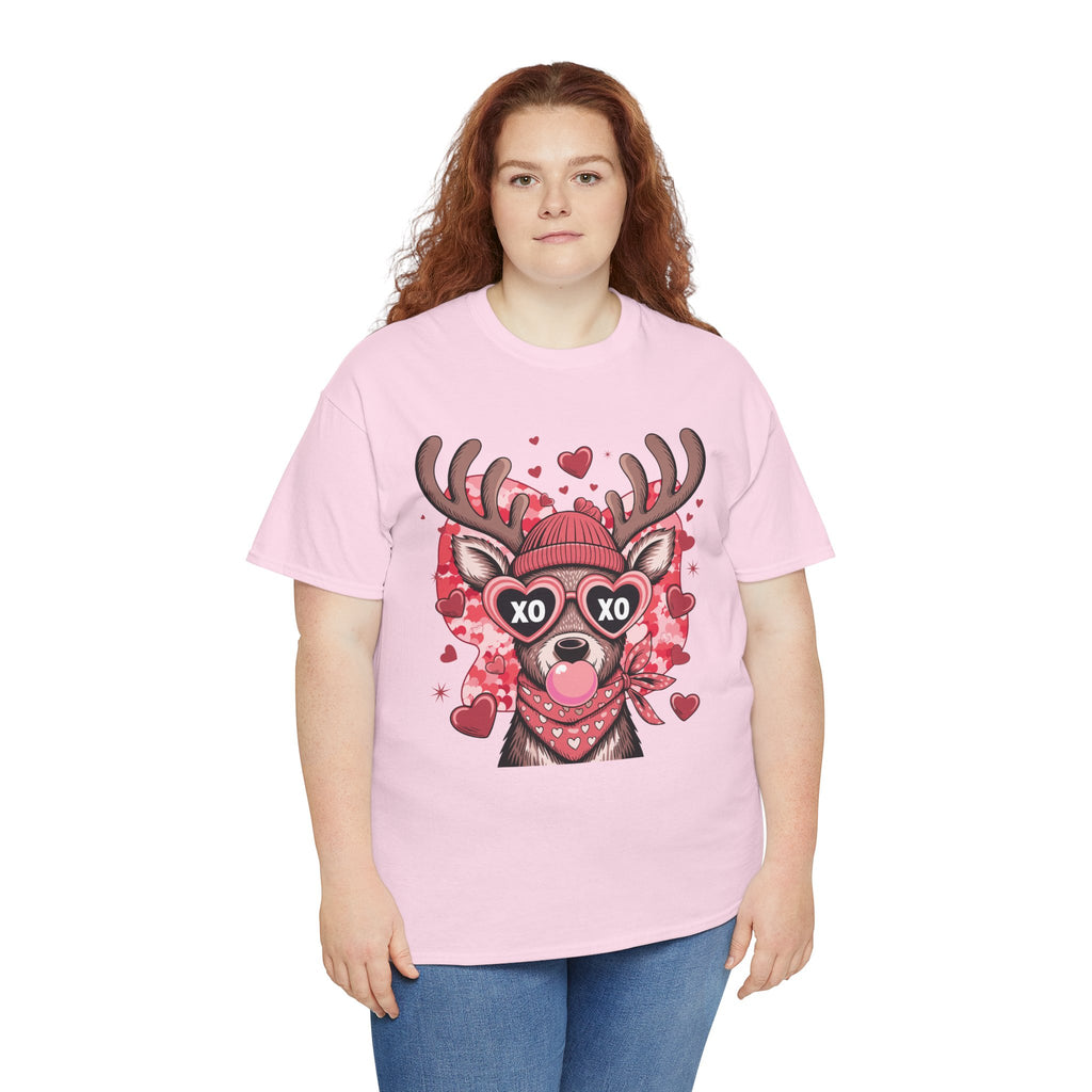 Valentine Deer Tee — Cute XO Heart Glasses, Beanie & Scarf Unisex Cotton Tshirt