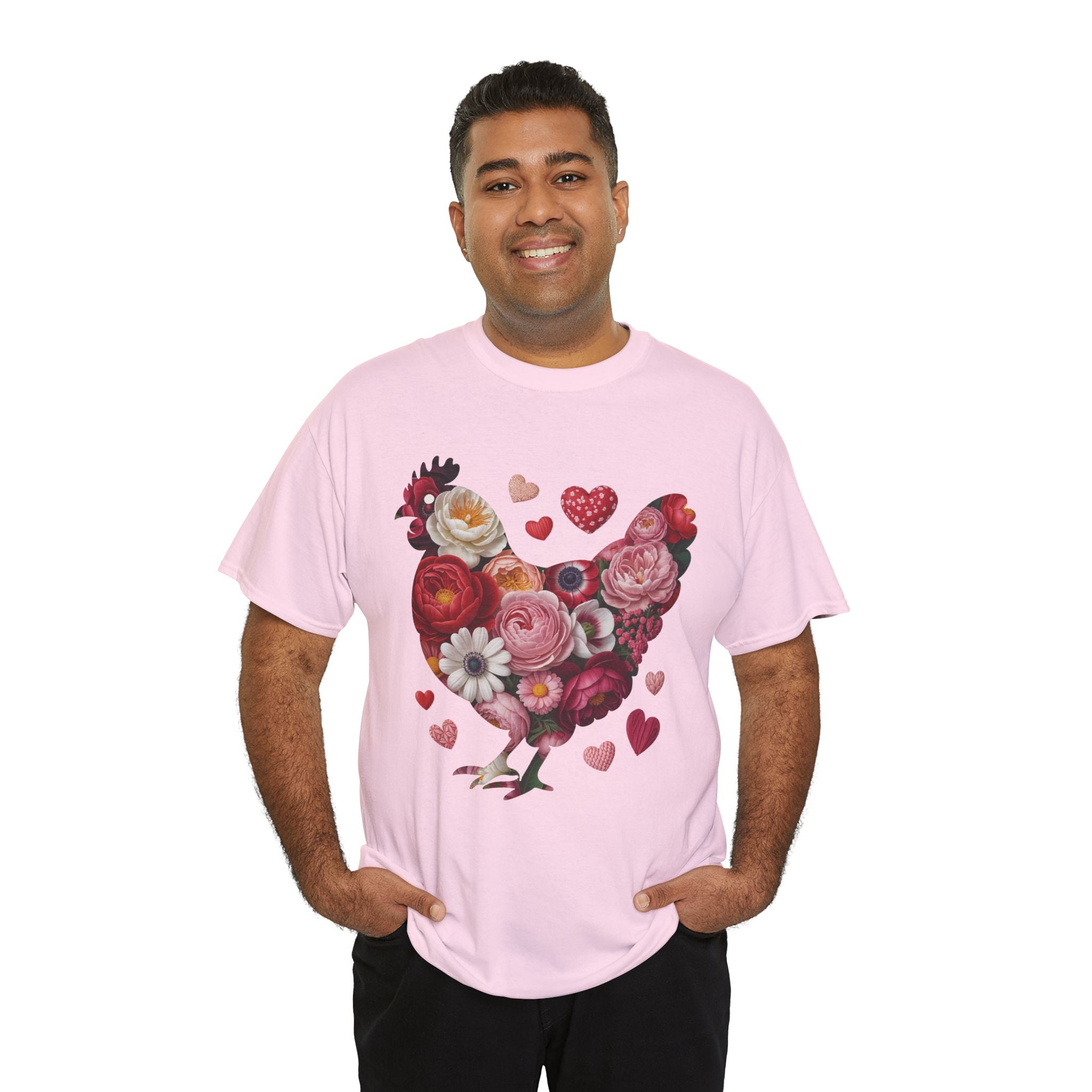 Floral Chicken Heart Tee — Red & Pink Flower Silhouette Unisex Cotton Tee