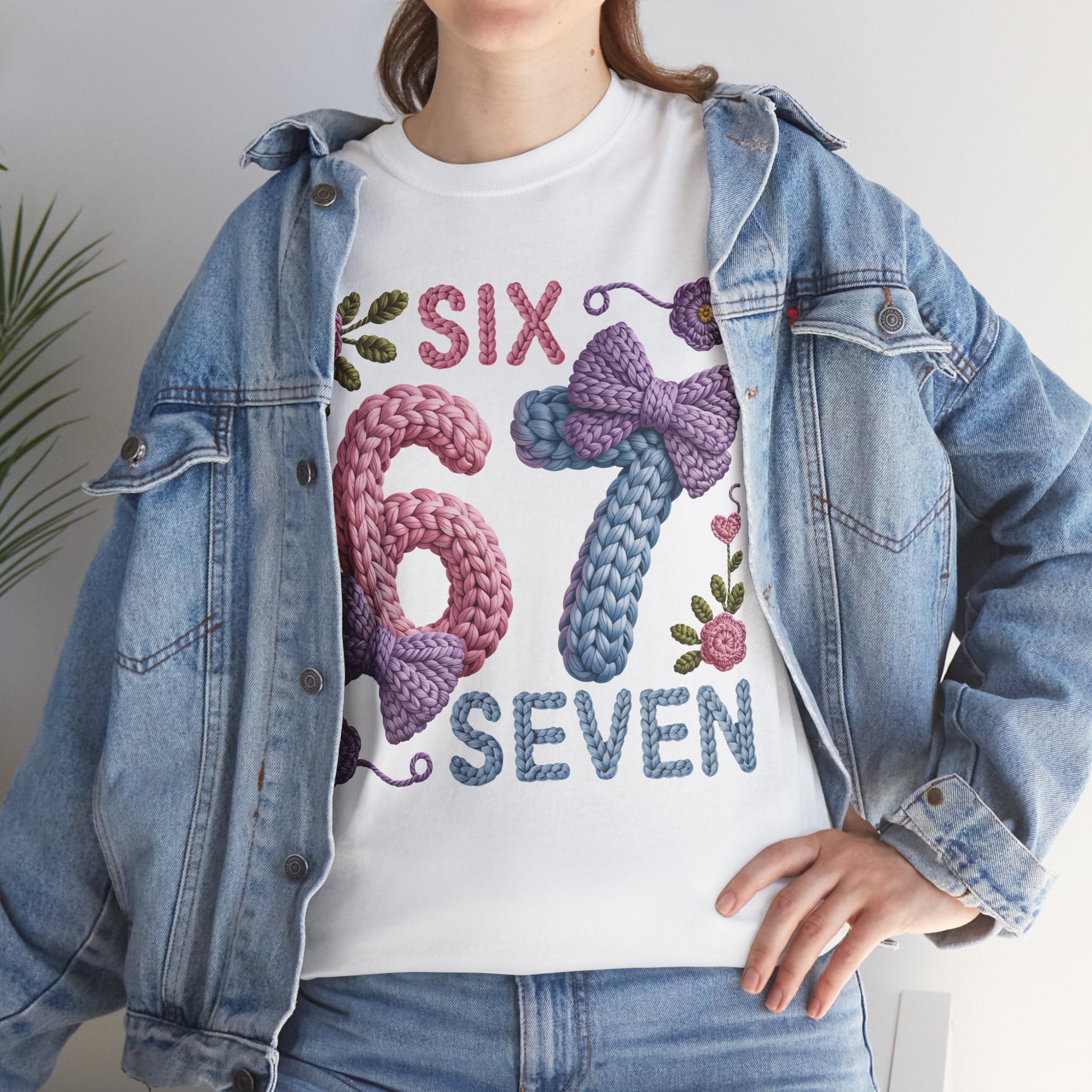 Pastel Crochet Numbers 6 & 7 Tee — Faux-Yarn Bows & Flowers. Unisex Cotton Tee