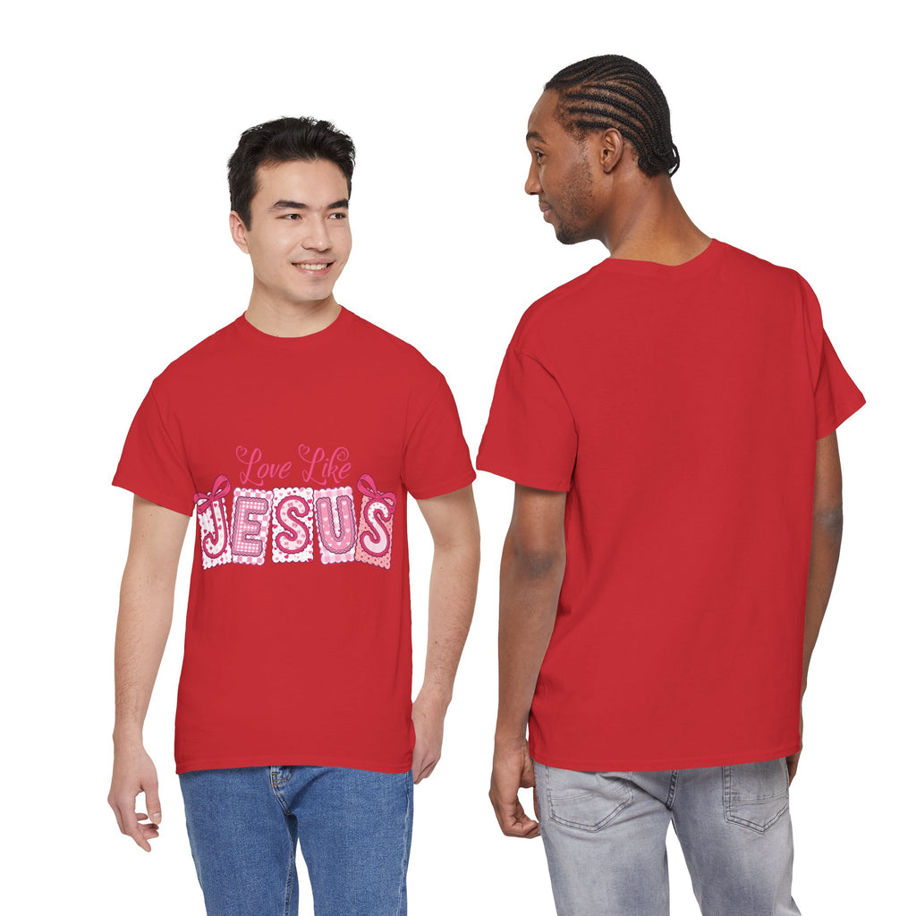Love Like Jesus Patchwork Tee — Pink Stitched Heart Graphic.Unisex Cotton Tee
