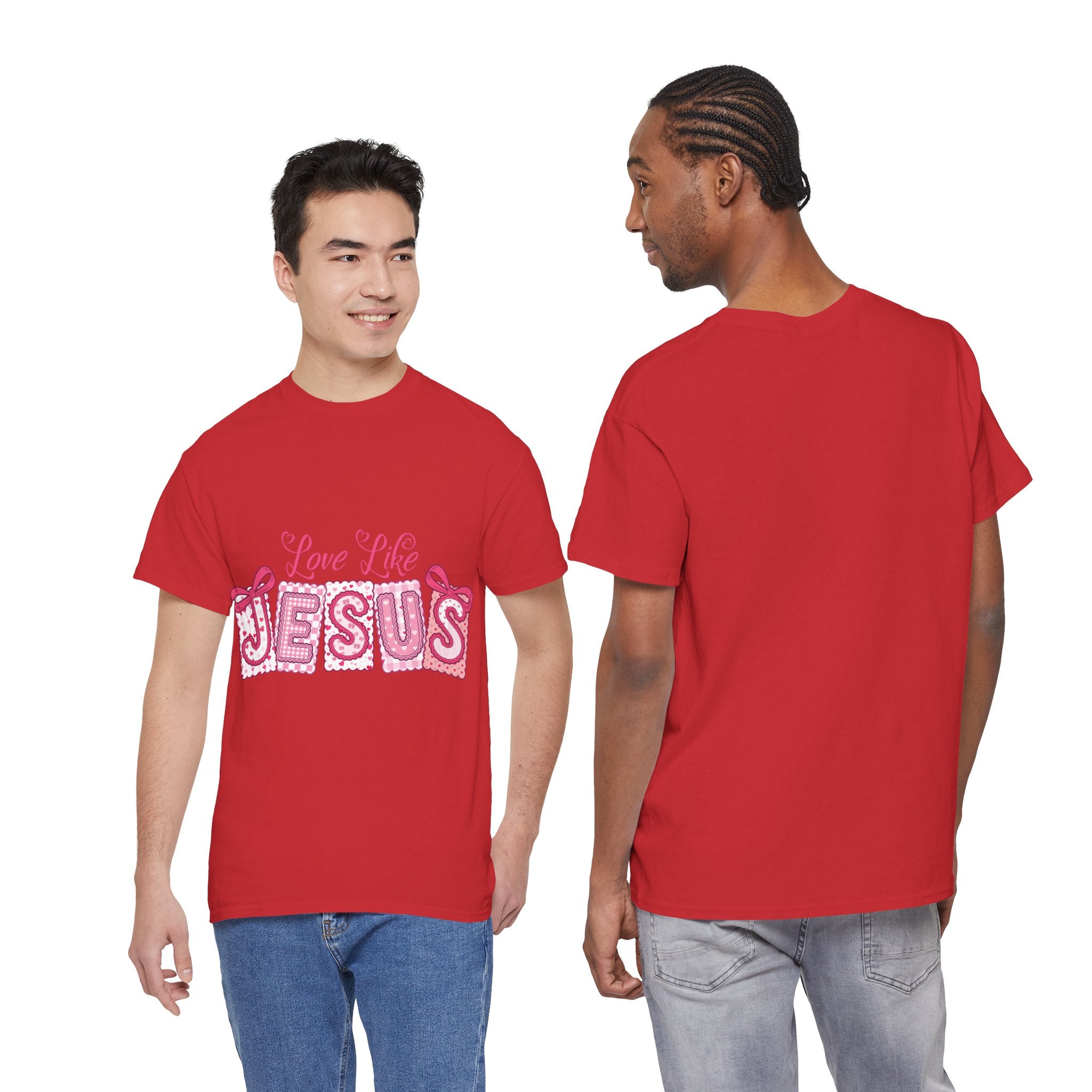 Love Like Jesus Patchwork Tee — Pink Stitched Heart Graphic.Unisex Cotton Tee