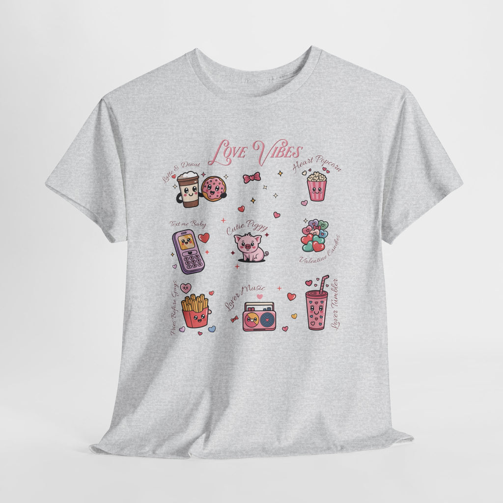 Love Vibes Kawaii Valentine T-Shirt — Cute Donut, Coffee & Piglet Design Unisex Cotton Tee