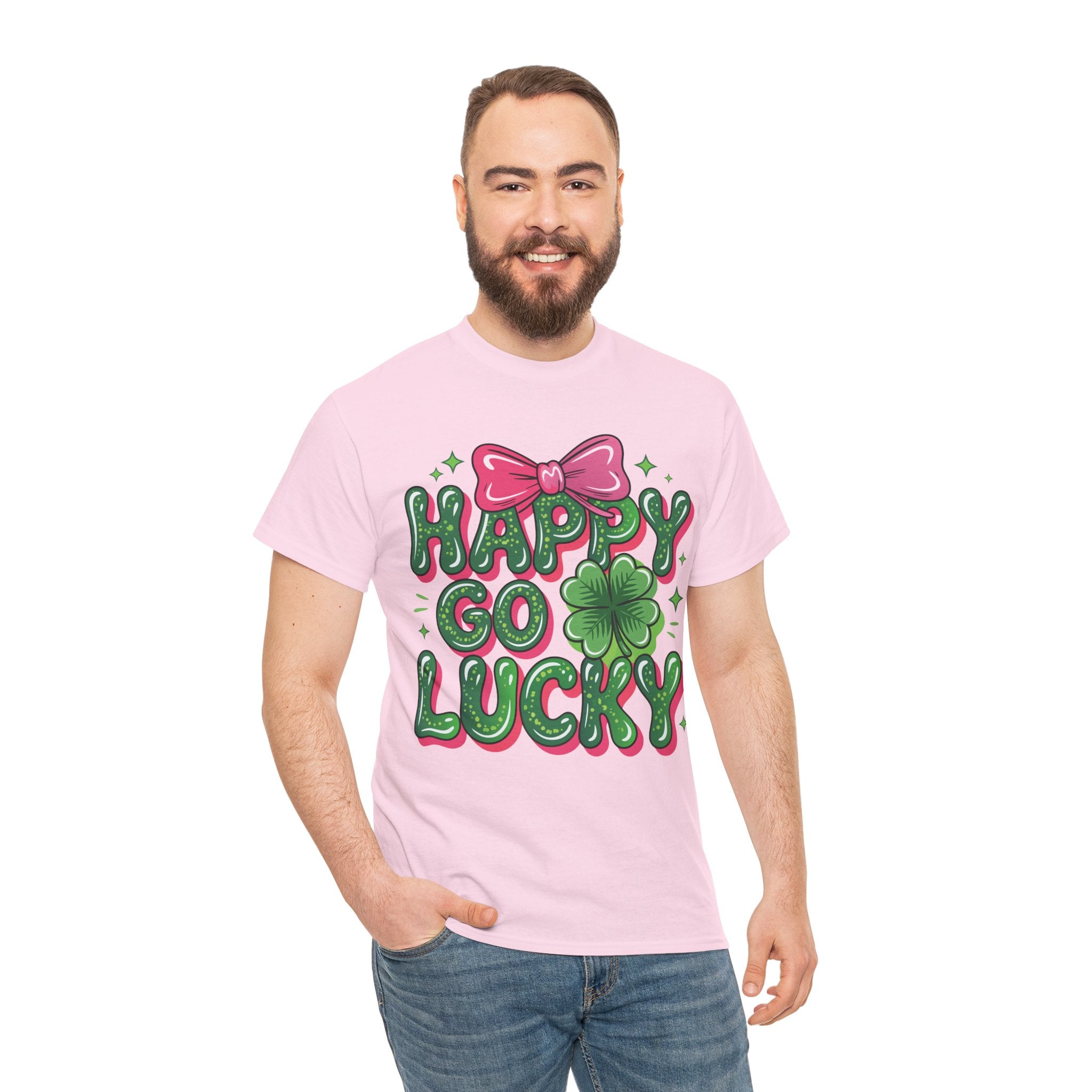 Happy Go Lucky Four-Leaf Clover Tee — Glossy Green Letters & Pink Bow Unisex Cotton Tee