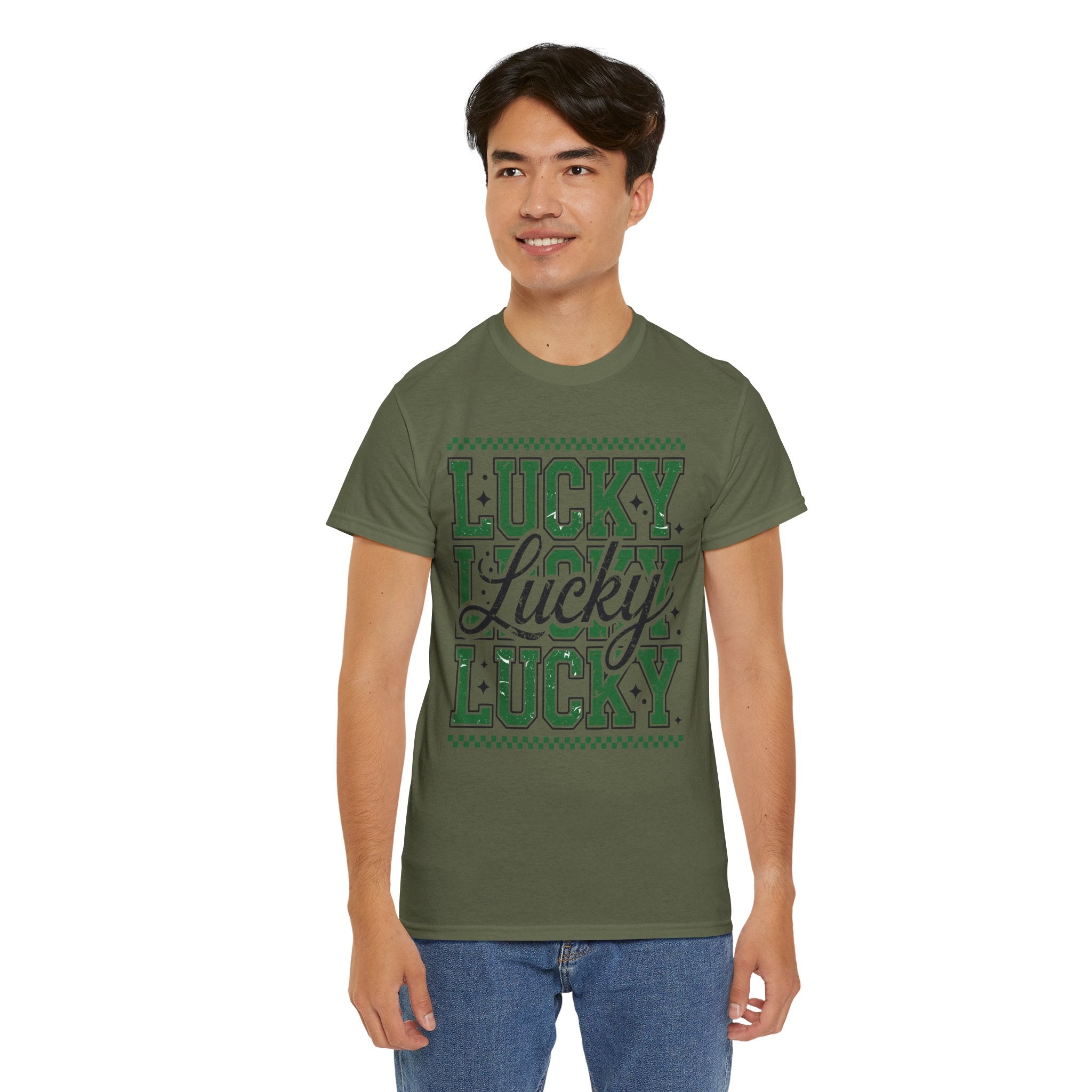 Lucky Varsity Tee — Layered Green ‘Lucky’ Graphic Unisex Cotton Tee