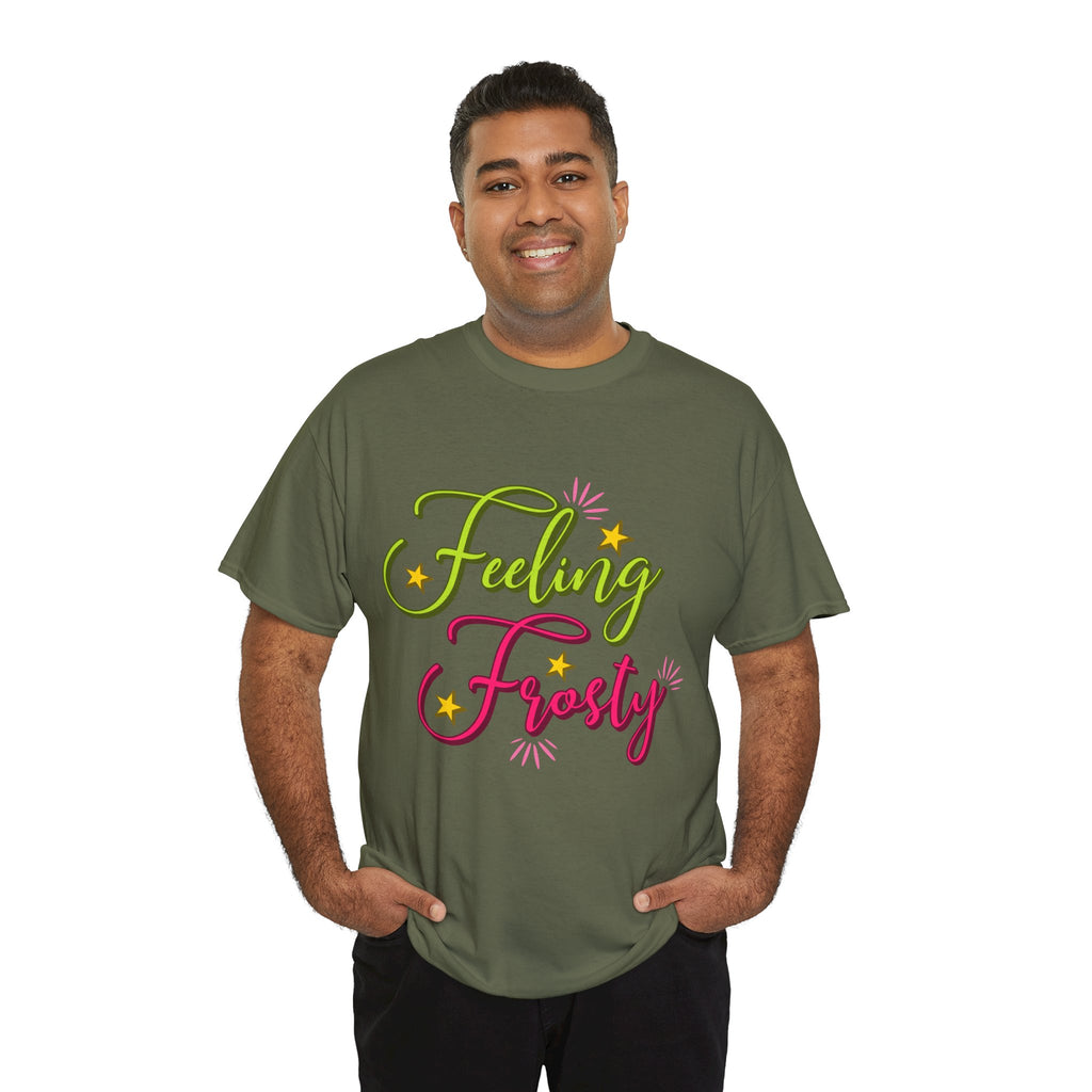 Feeling Frosty Holiday T-Shirt — Green & Pink Script Stars.Unisex Cotton Tee