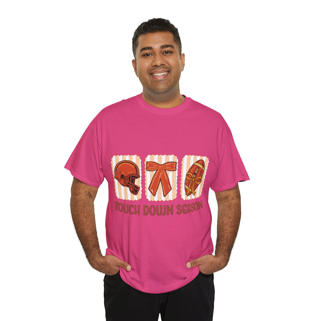 Touch Down Season Football Tee — Striped Fall Helmet & Bow Design Unisex Cotton Tee