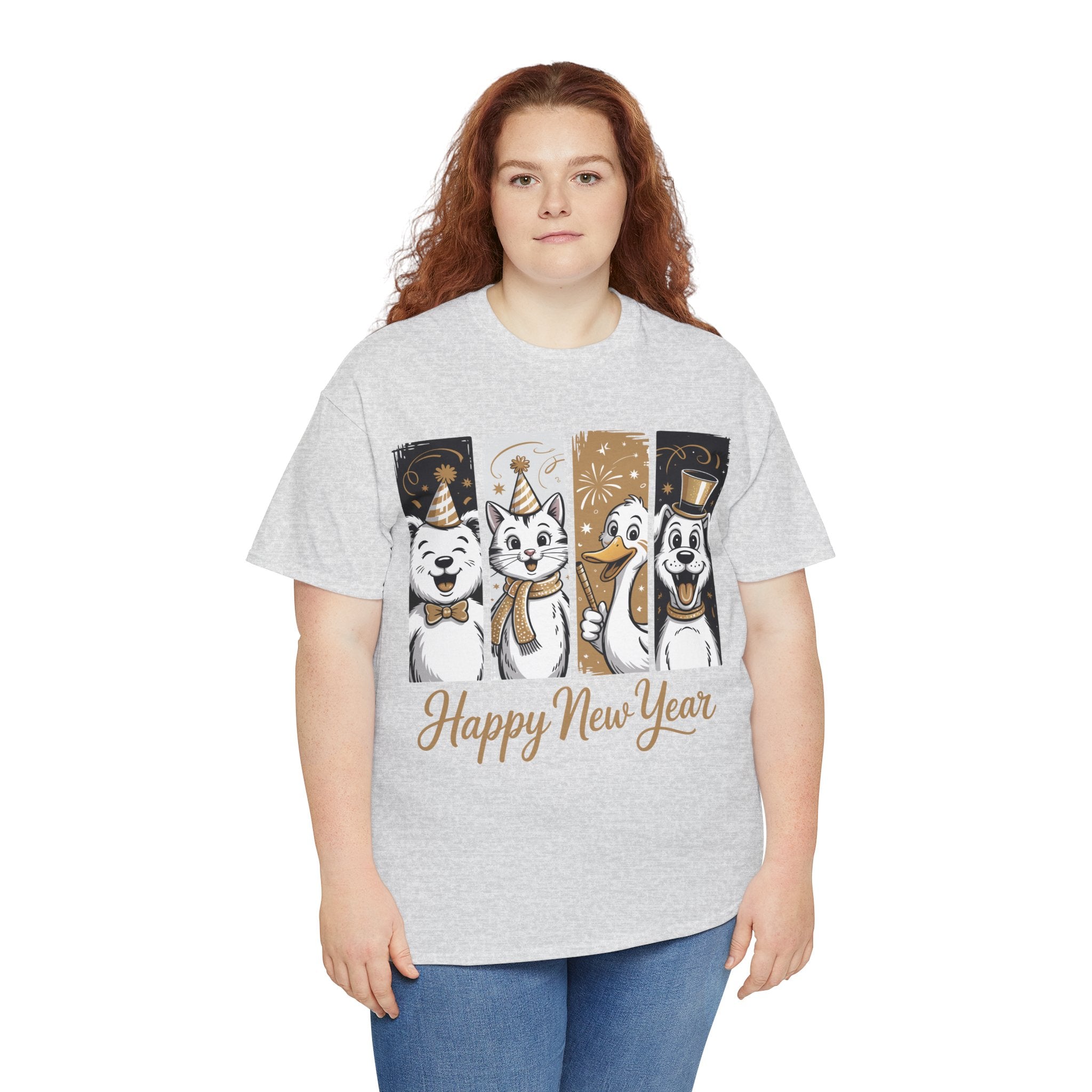Happy New Year Party Animals T-Shirt — Cute Smiling Animals in Party Hats & Gold Fireworks..Unisex Cotton Tee