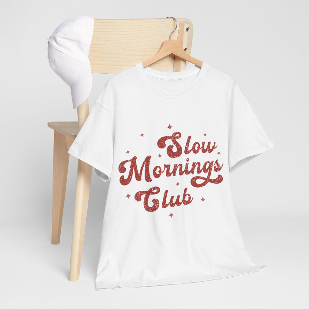 Slow Mornings Club T-Shirt — Retro Red Sparkle Unisex Cotton Tee