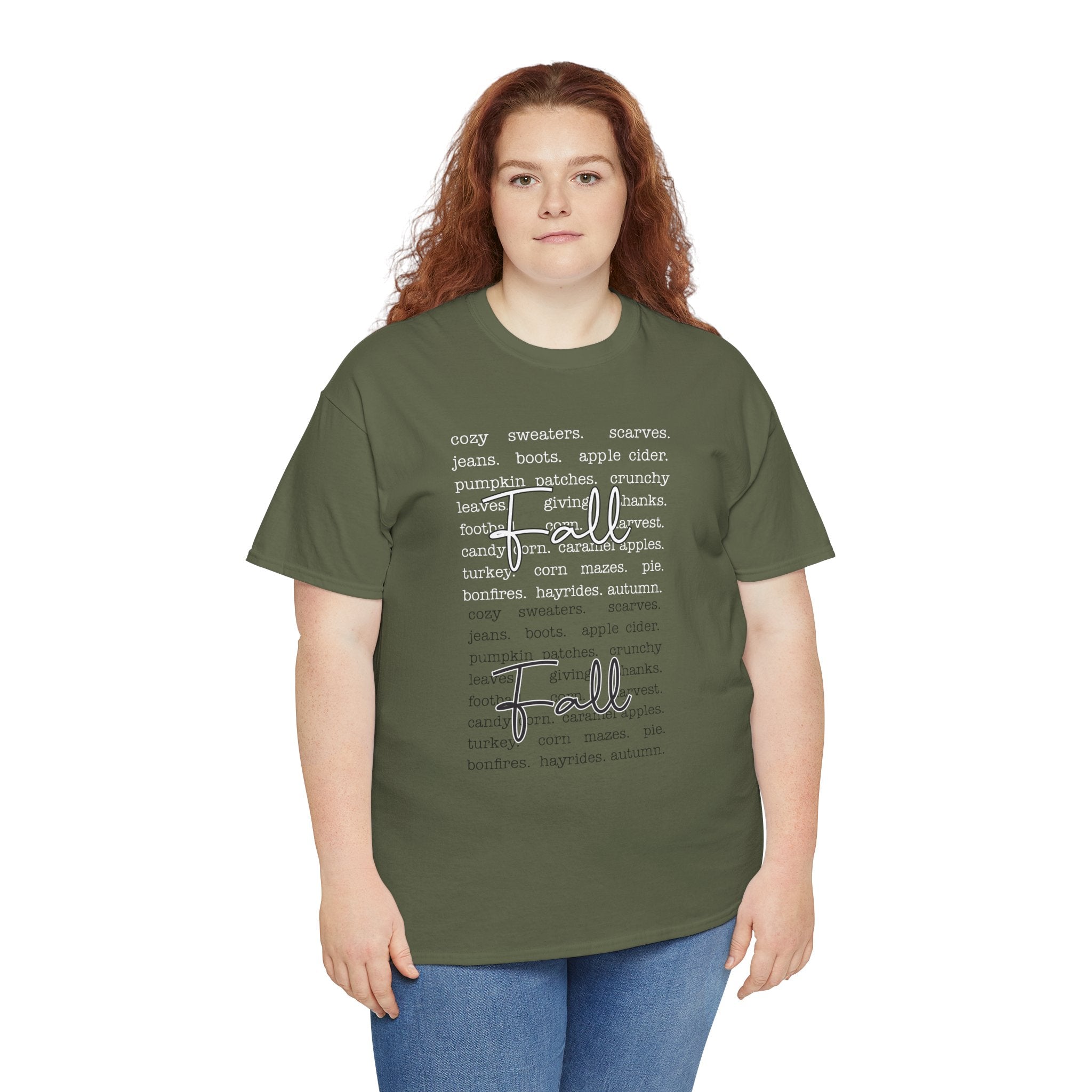 Fall Cursive Typography T-Shirt — Sweaters, Cider & Pumpkins. Unisex Cotton Tee