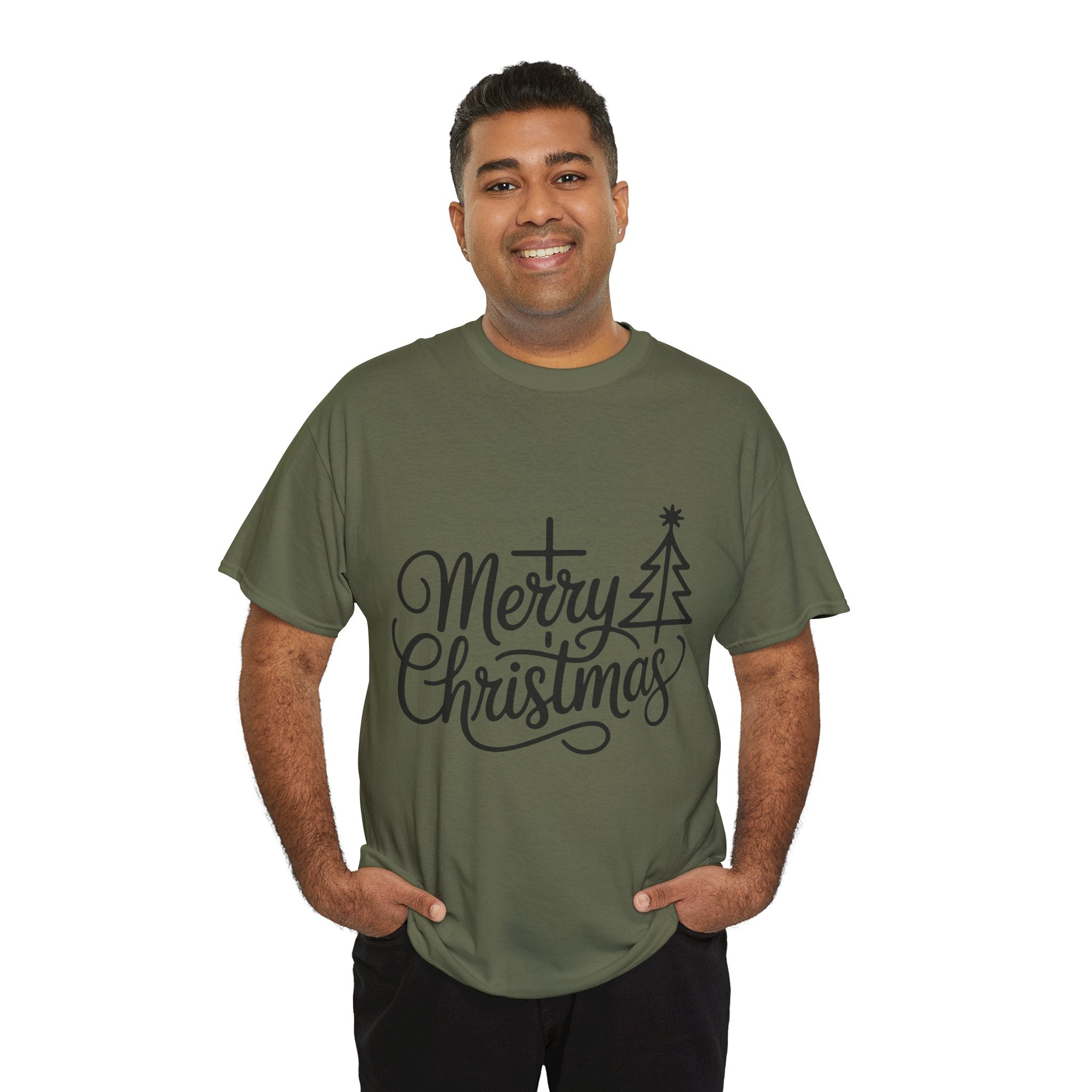Merry Christmas Script T-Shirt with Cross & Tree(Unisex Cotton Tee)