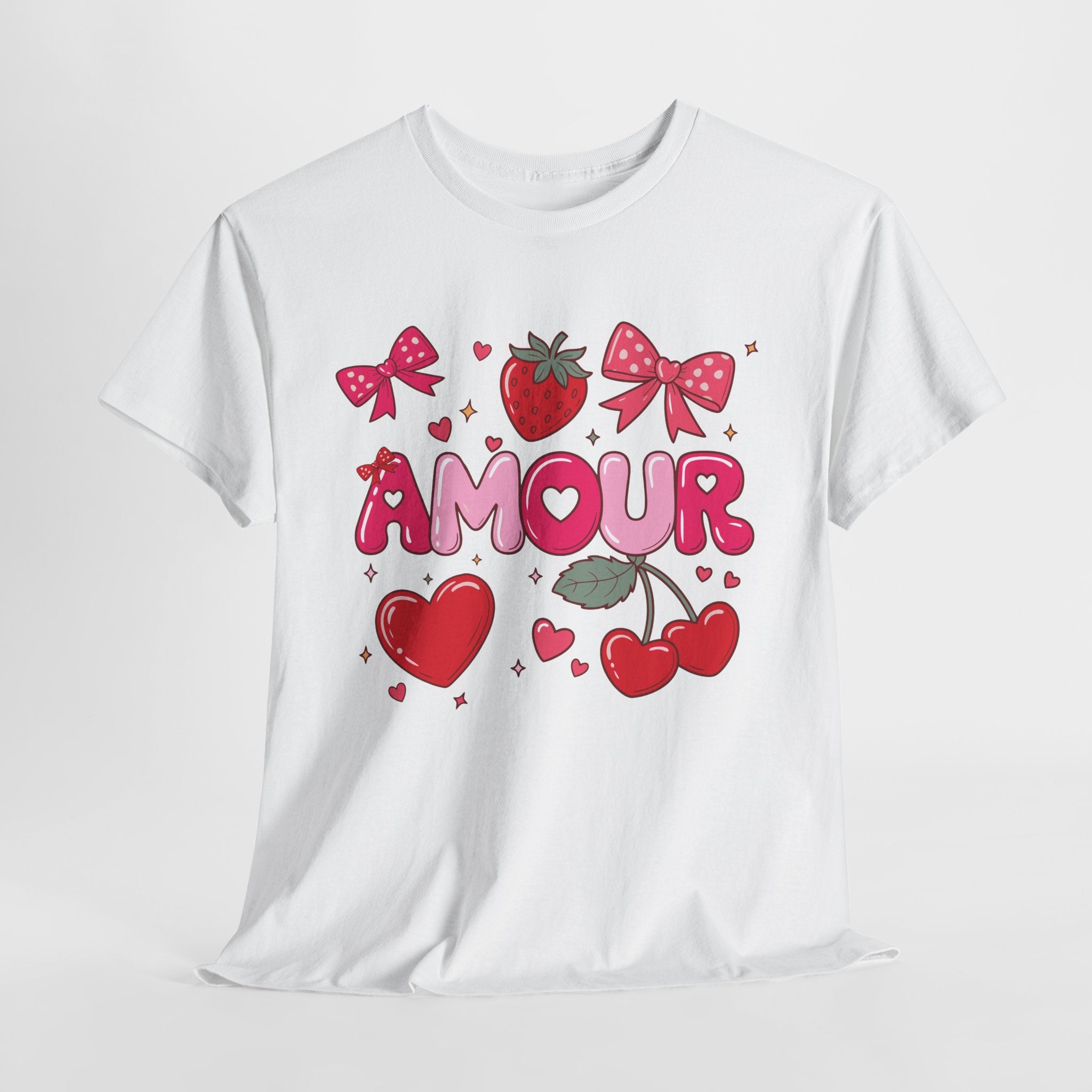 Amour Pink Hearts Tee — Shiny Lettering with Bows, Cherries & Strawberry Accent...Unisex Cotton Tee