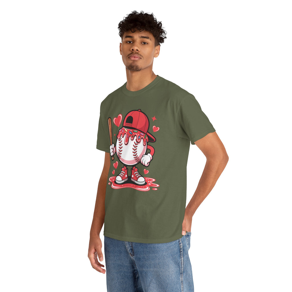 Cute Baseball Character T-Shirt — Red Cap & Icing Top Graphic with Hearts Unisex Cotton Tee