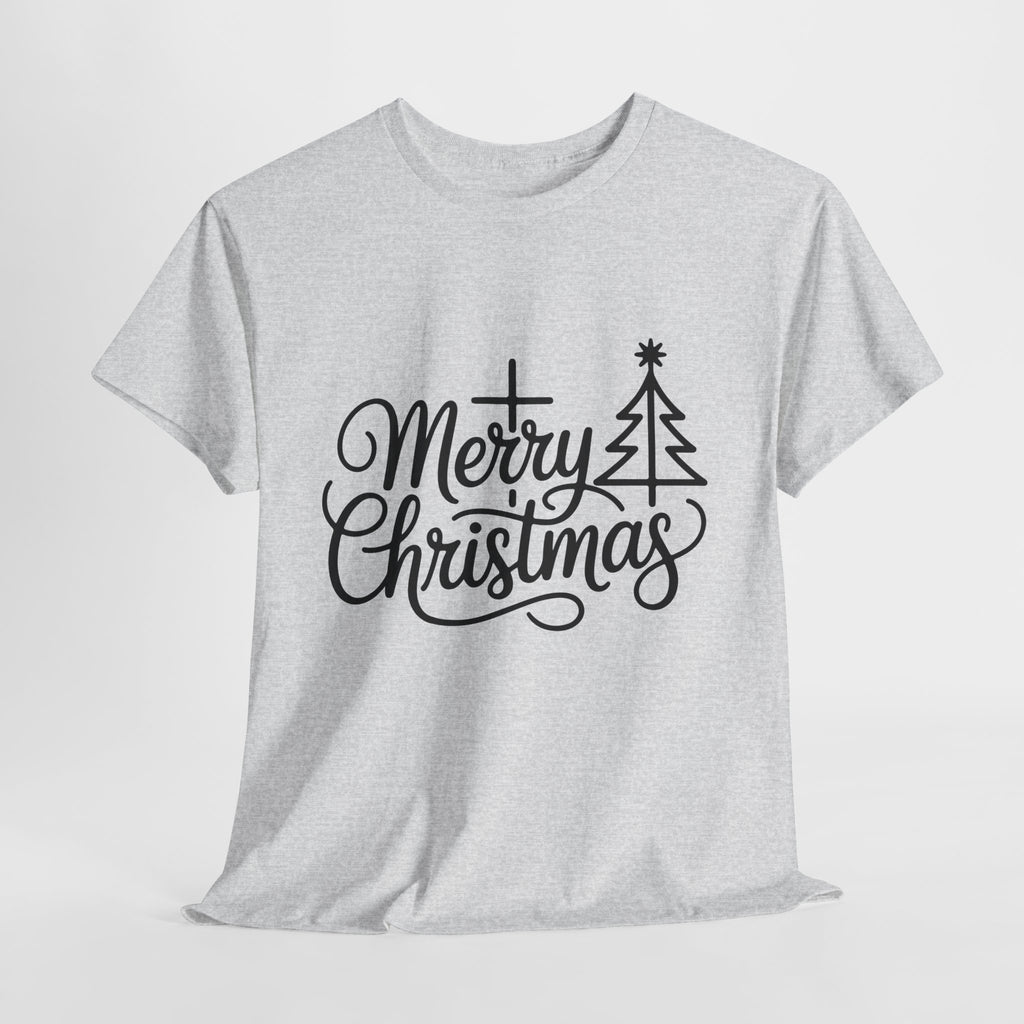 Merry Christmas Script T-Shirt with Cross & Tree(Unisex Cotton Tee)