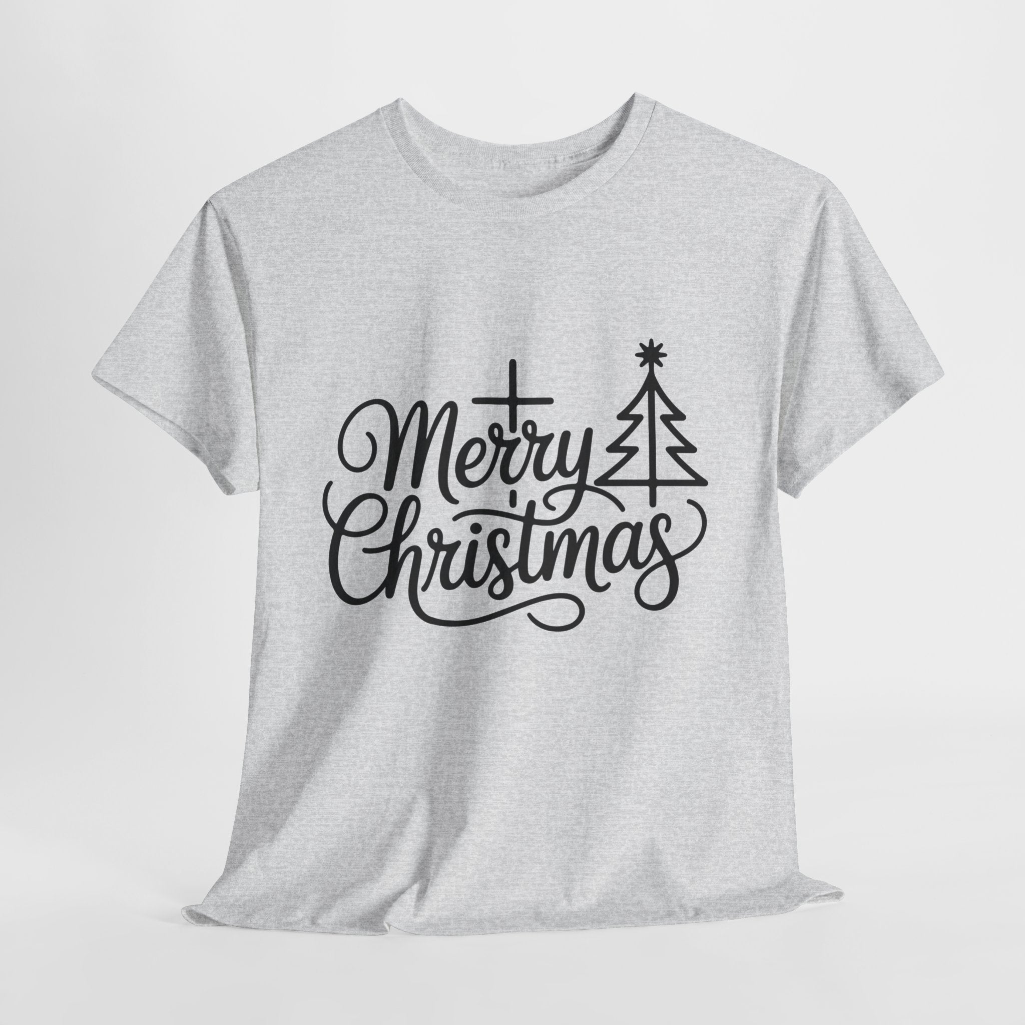 Merry Christmas Script T-Shirt with Cross & Tree(Unisex Cotton Tee)