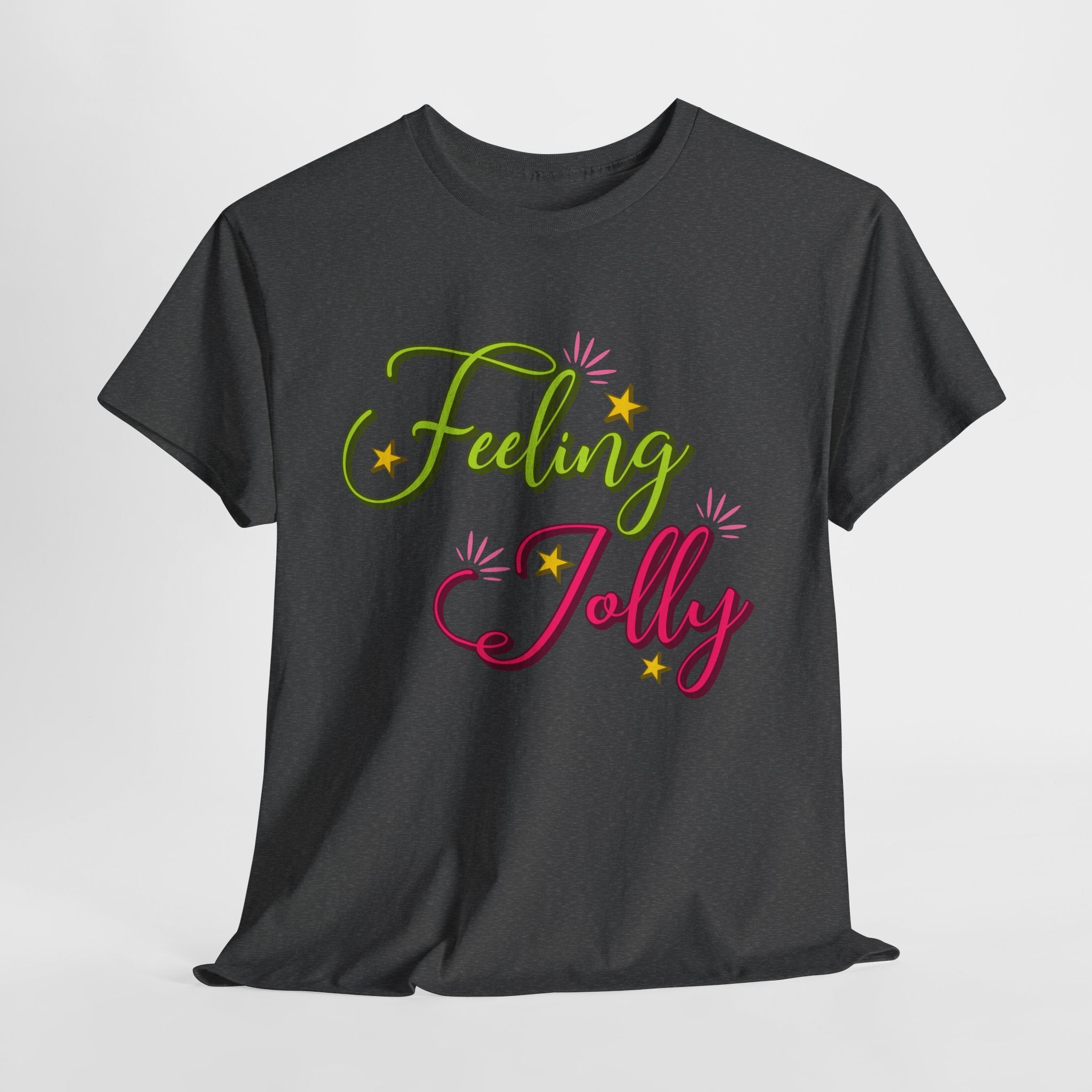 Feeling Jolly Tee — Festive Green & Pink Script with Yellow Stars Unisex Cotton Tee