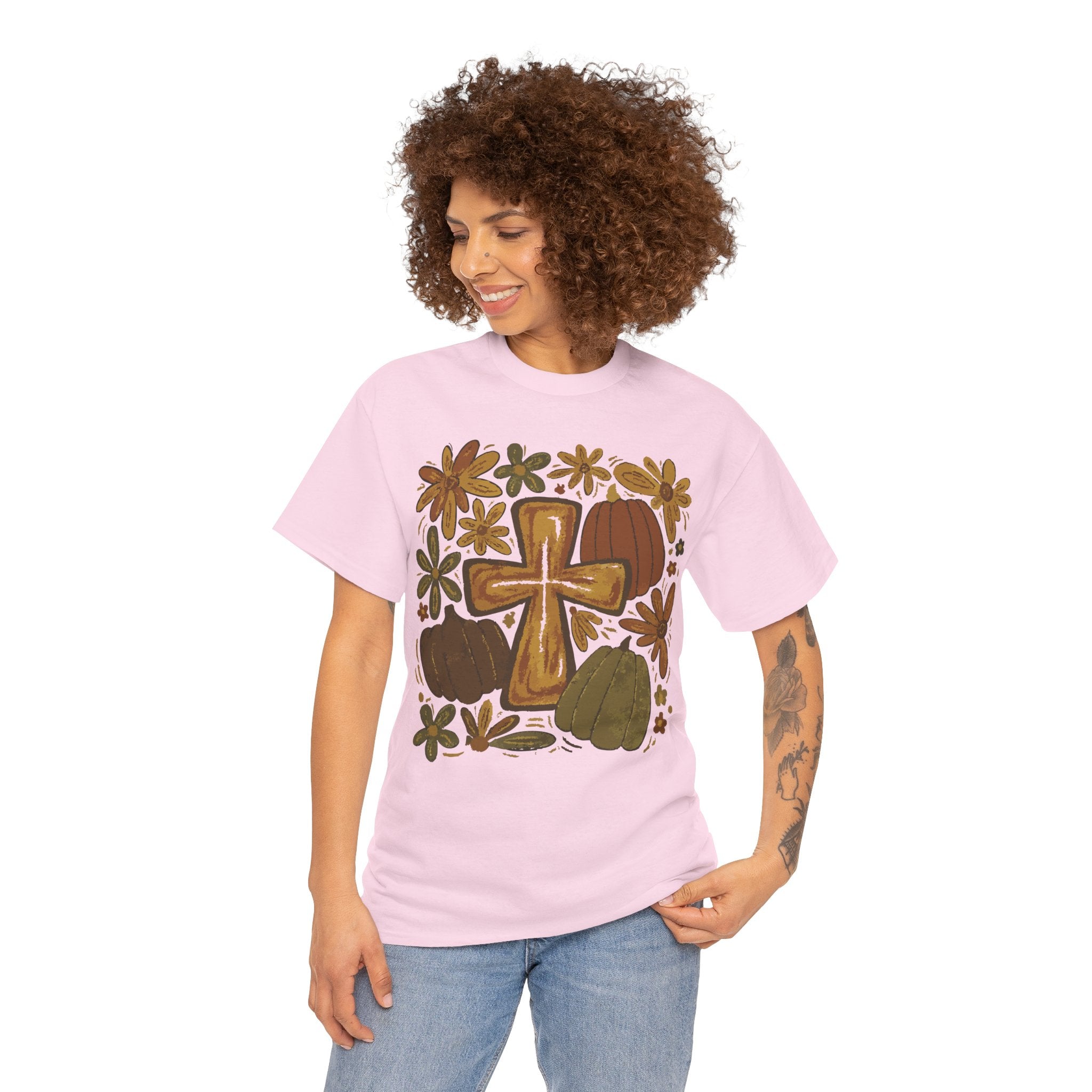 Autumn Cross Tee — Rustic Pumpkin & Fall Floral Christian Unisaex Cotton T-Shirt