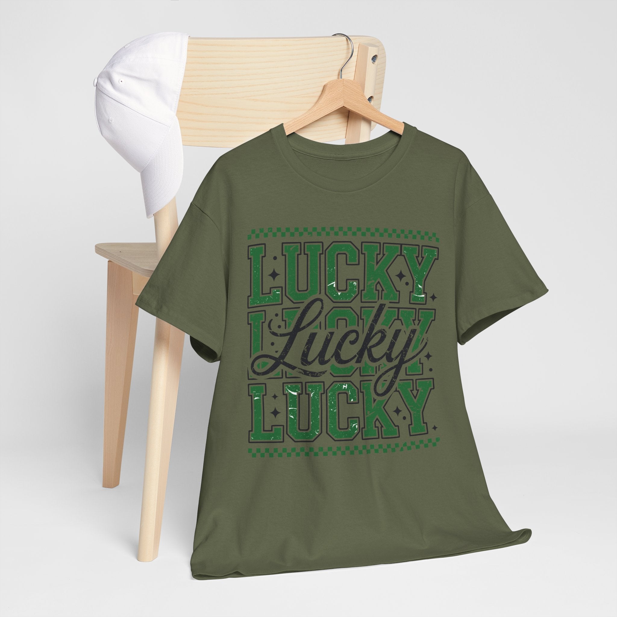Lucky Varsity Tee — Layered Green ‘Lucky’ Graphic Unisex Cotton Tee