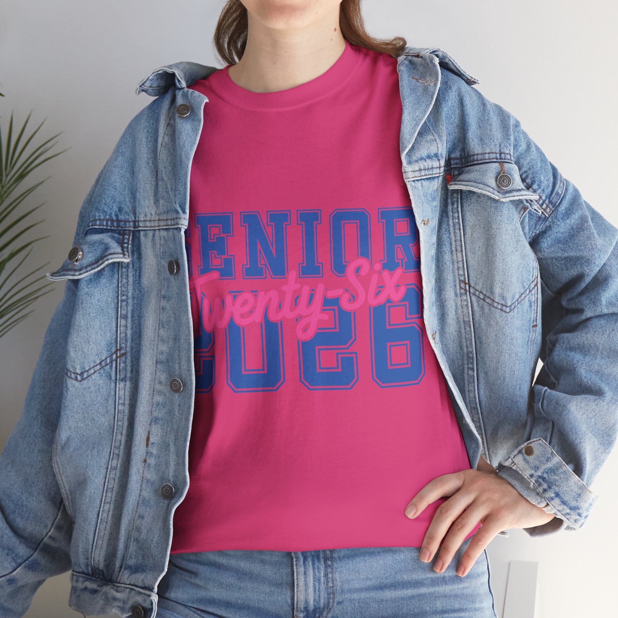 Senior 2026 Tee — Pink Varsity Block with Blue Script Overlay Unisex Cotton Tee