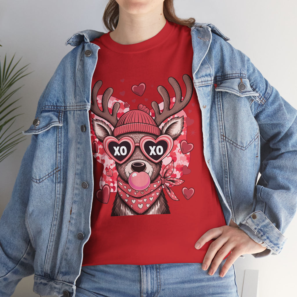 Valentine Deer Tee — Cute XO Heart Glasses, Beanie & Scarf Unisex Cotton Tshirt