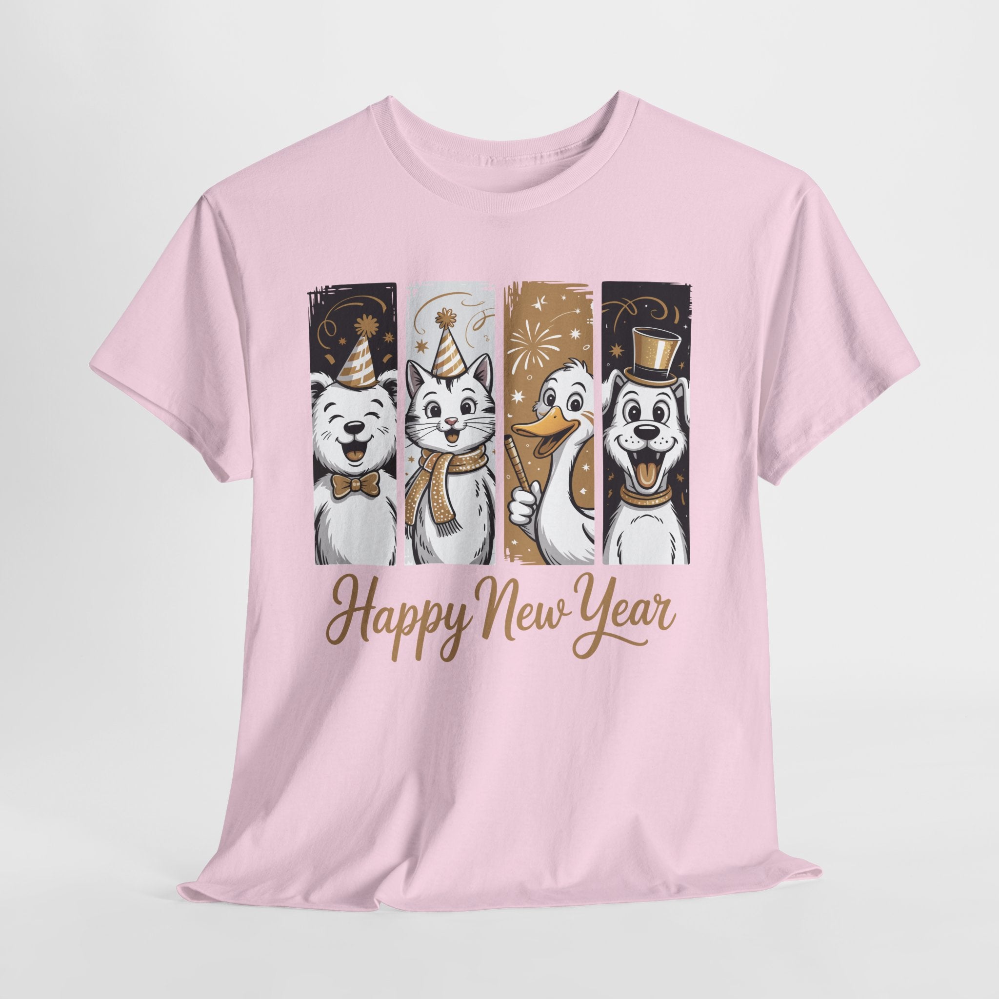 Happy New Year Party Animals T-Shirt — Cute Smiling Animals in Party Hats & Gold Fireworks..Unisex Cotton Tee