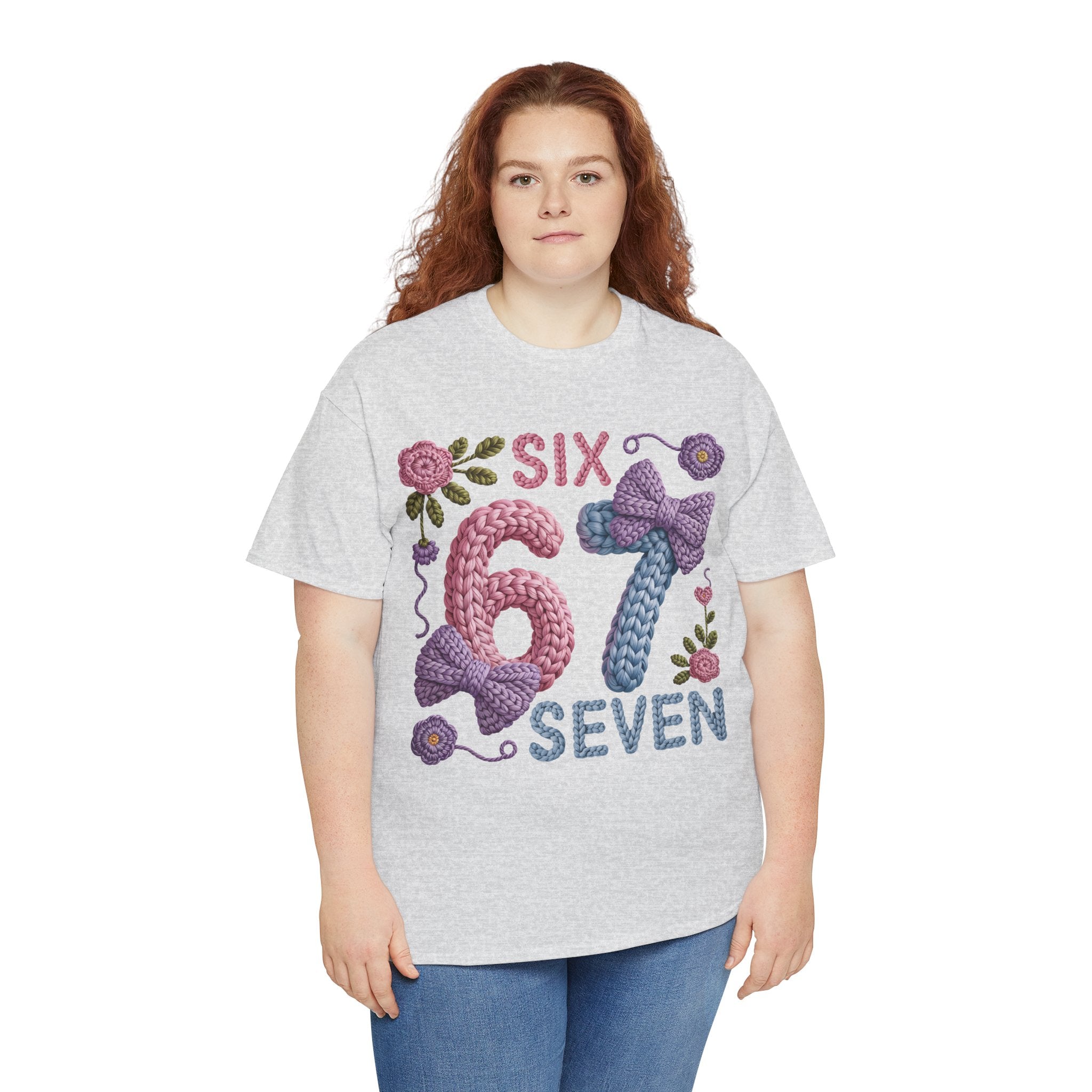 Pastel Crochet Numbers 6 & 7 Tee — Faux-Yarn Bows & Flowers. Unisex Cotton Tee