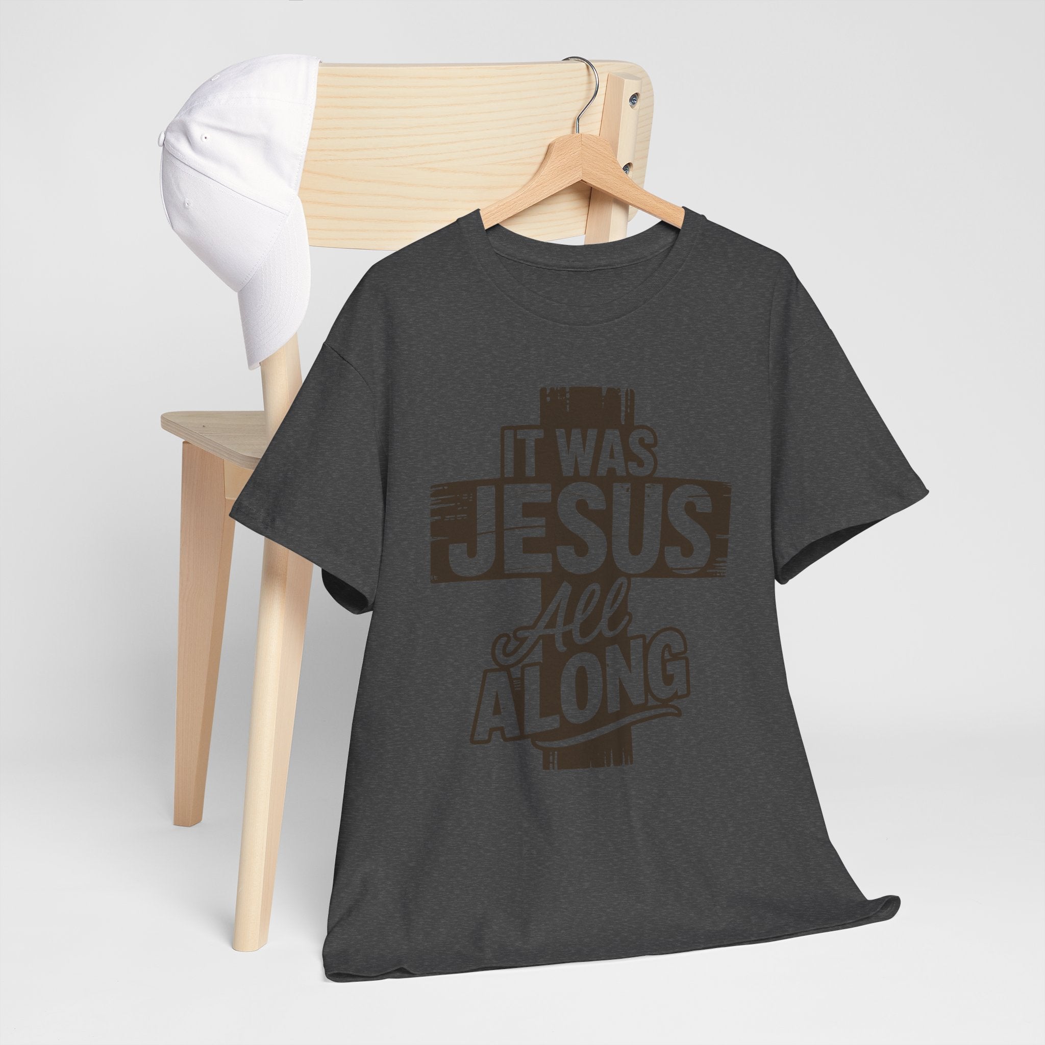 It Was Jesus All Along T-Shirt — Rustic Brown Cross Christian Unisex Cotton Tee