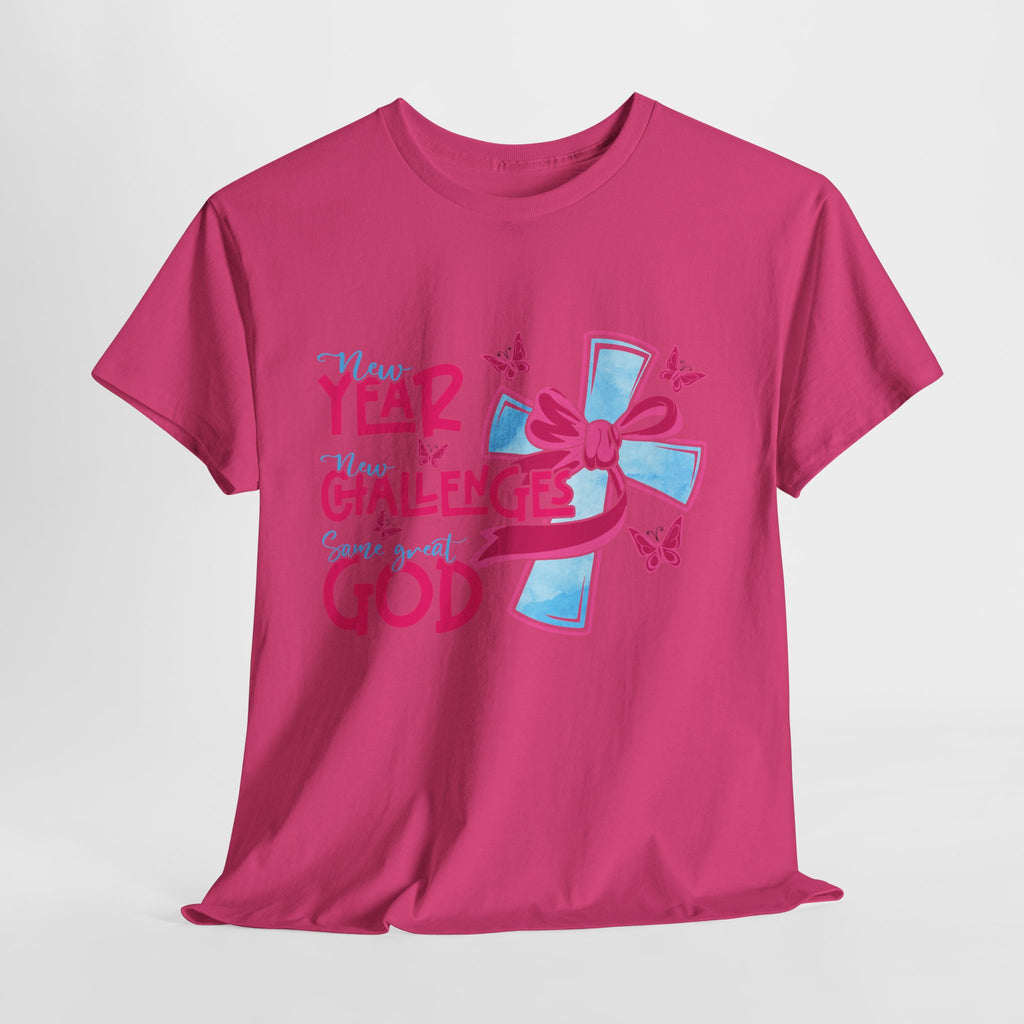 Christian T-Shirt — “New Year, New Challenges, Same Great God” with Pink Bow Cross & Butterflies. Unisex Cotton Tee