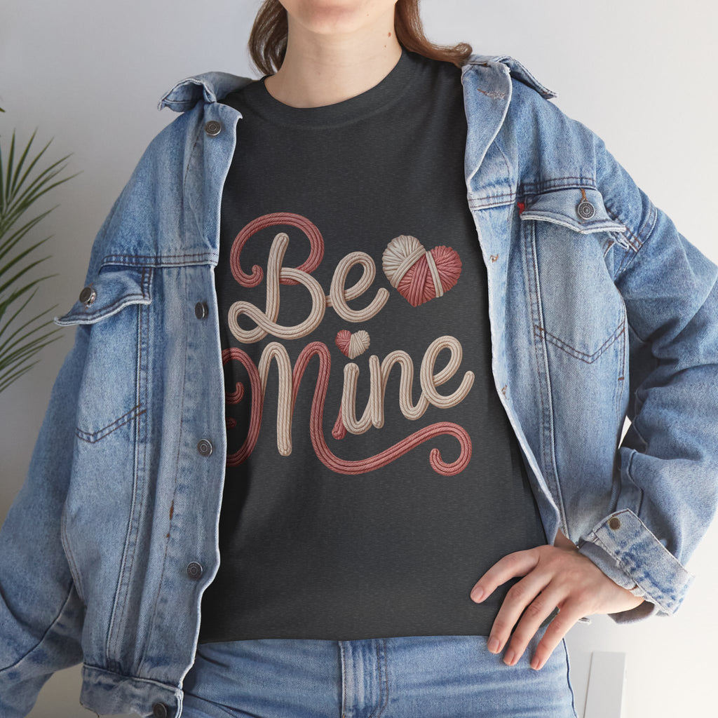Be Mine Yarn Heart T-Shirt — Valentine’s Faux-Yarn Pink & Cream Unisex Cotton Tee