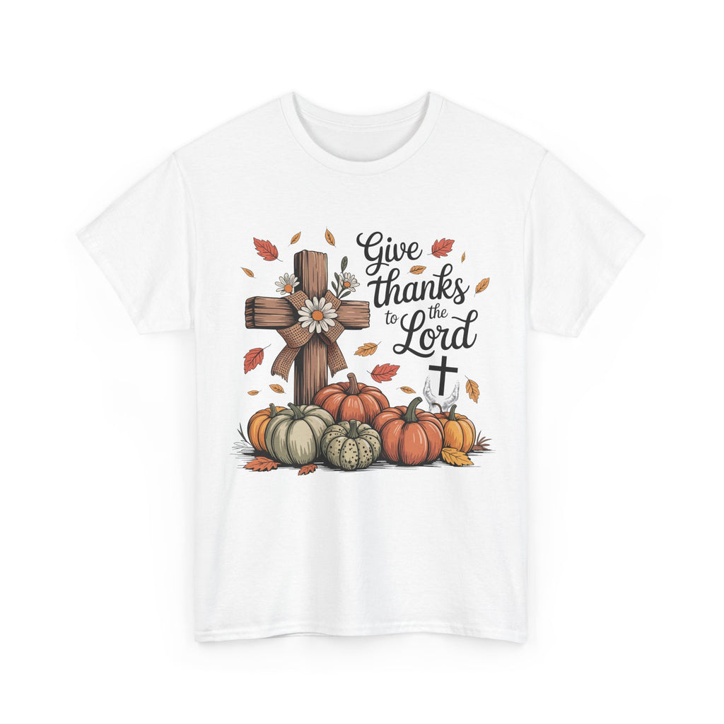 Give Thanks to the Lord Autumn Tee — Wooden Cross, Pumpkins & Daisies..Unisex Cotton Tee
