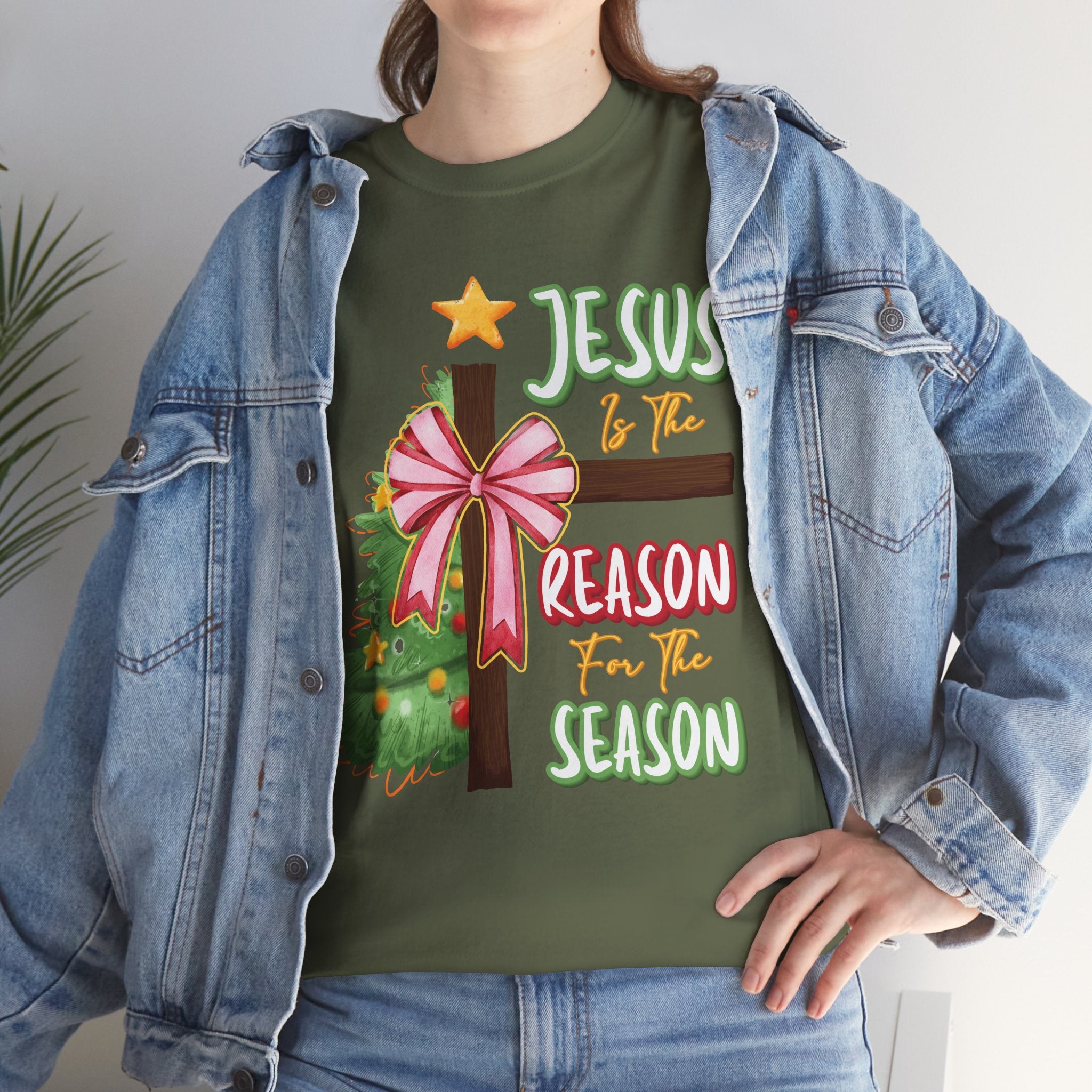 Jesus Is the Reason for the Season Christmas Tee — Cross with Pink Bow & Tree. Unisex Cotton Tee