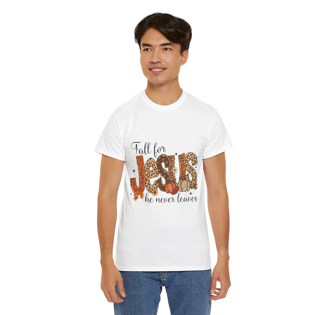JESUS Leopard Print Fall T-Shirt — Pumpkins, Leaves & Floral Christian Unisex Cotton Tee