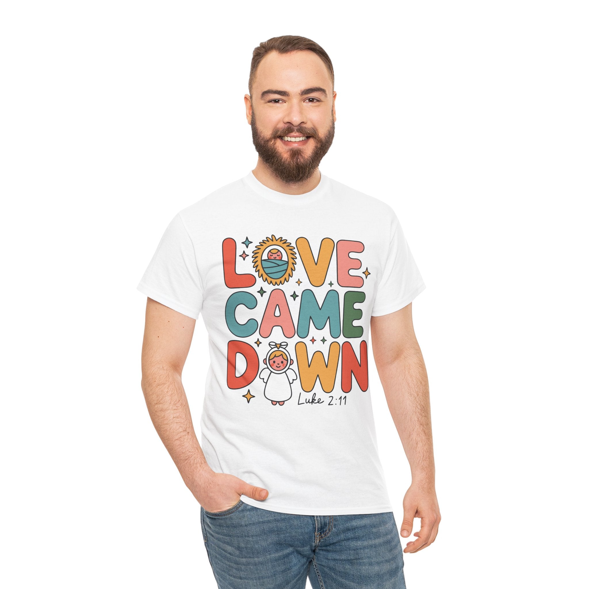 Love Came Down Christmas Tee — Baby Jesus Manger Angel (Luke 2:11)..Unisex Cotton Tee