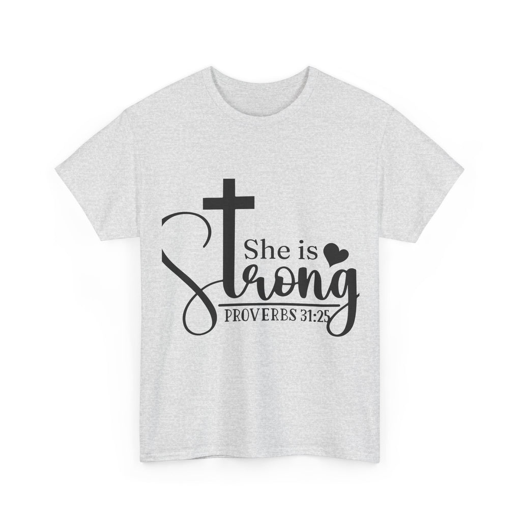 Proverbs 31:25 'She is Strong' T-Shirt – Christian Cross & Heart Unisex Cotton Tee