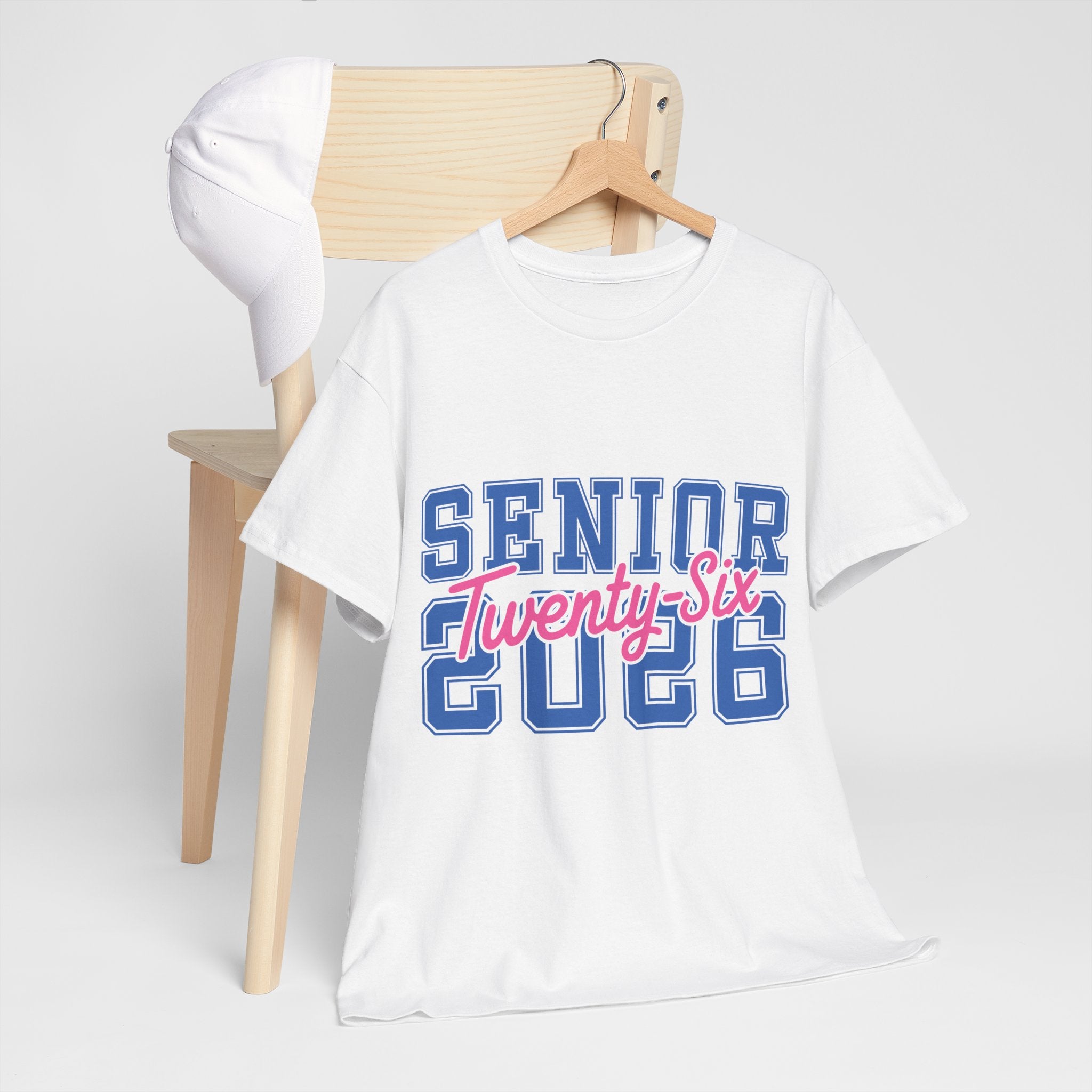 Senior 2026 Tee — Pink Varsity Block with Blue Script Overlay Unisex Cotton Tee