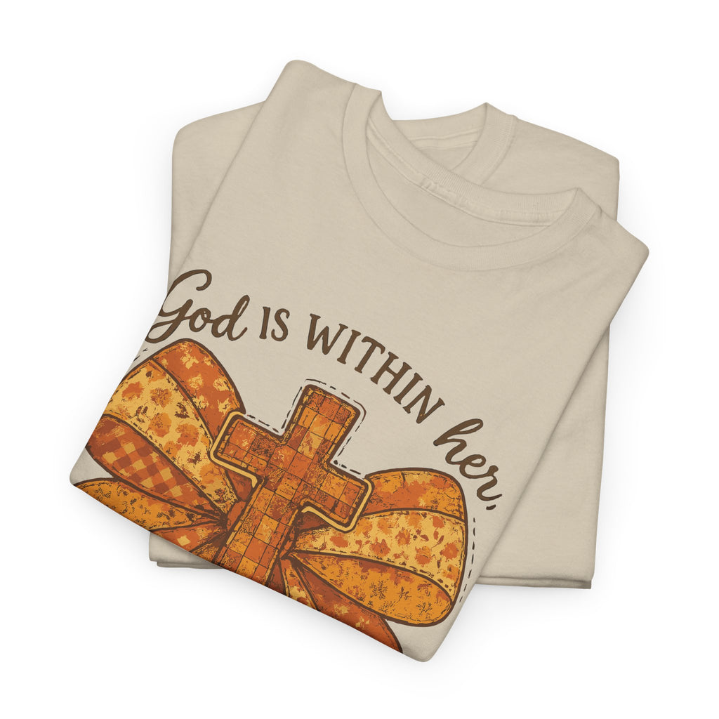 Psalm 46:5 Cross Patchwork Tee — Fall Bow Christian Unisex Cotton T-Shirt