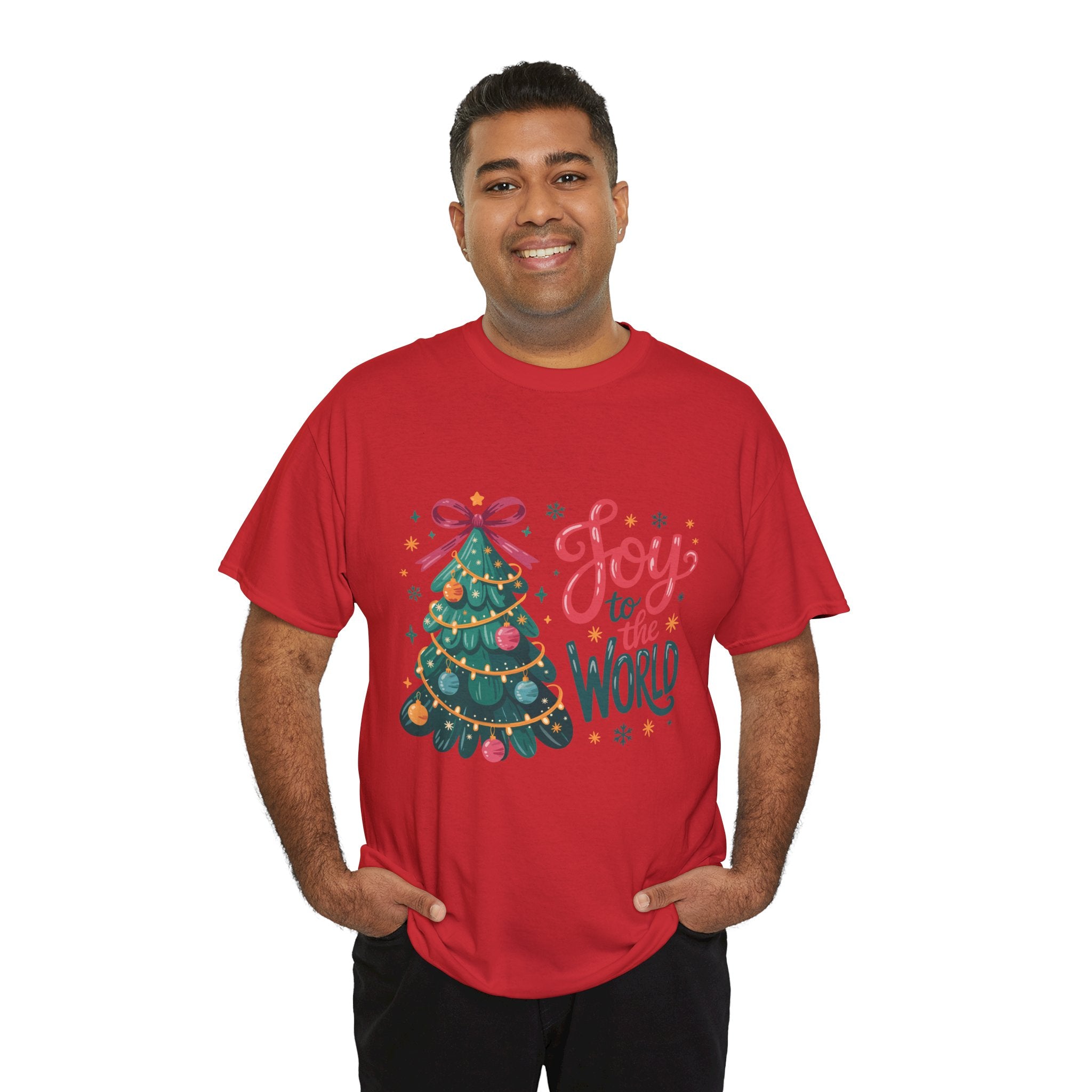 Joy to the World Christmas Tee — Festive Tree with Pink Bow..Unisex Cotton Tee